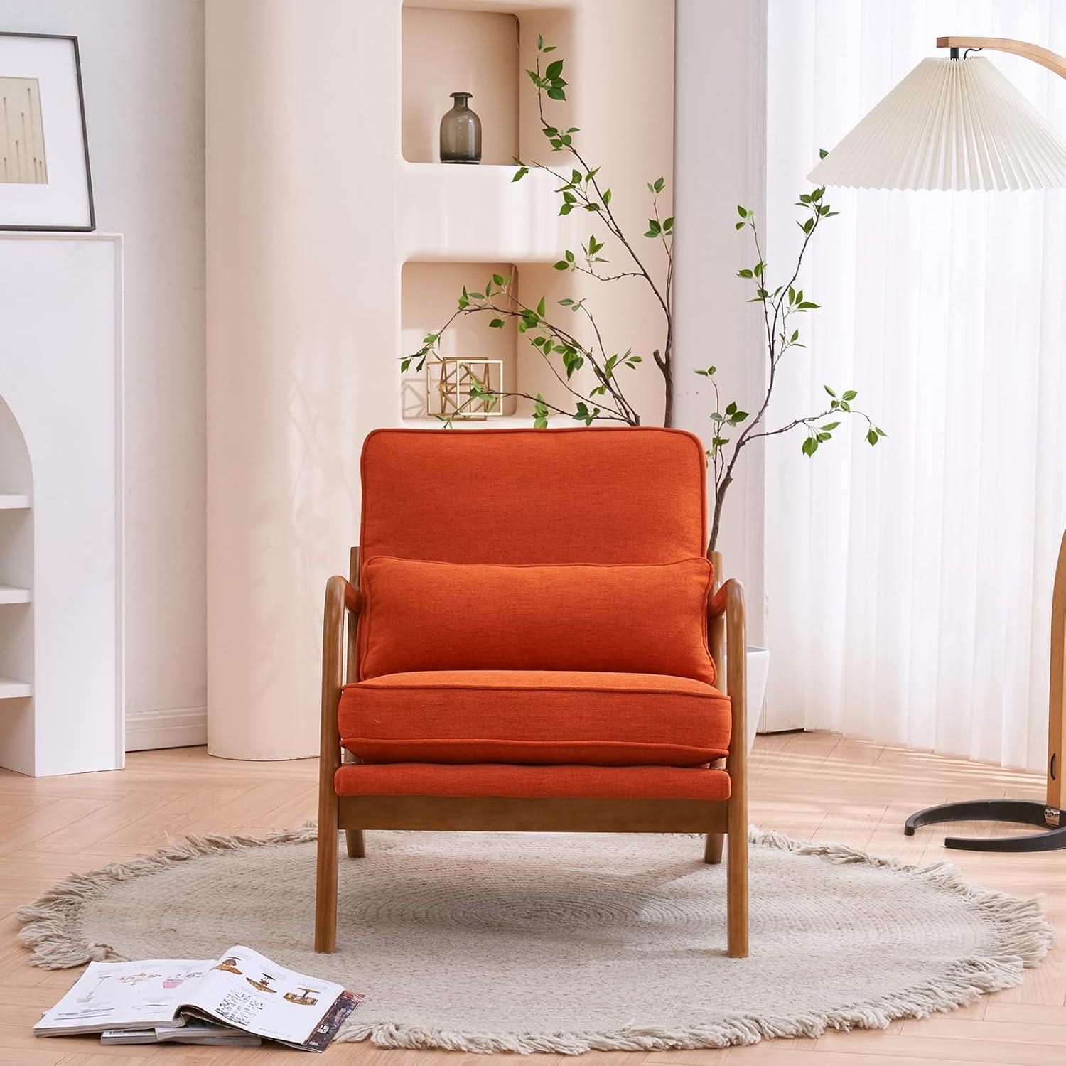 JULY'S SONG Mid-Century Wood Upholstered Fabric Solid Print Armchair, Beige (Set of 2)