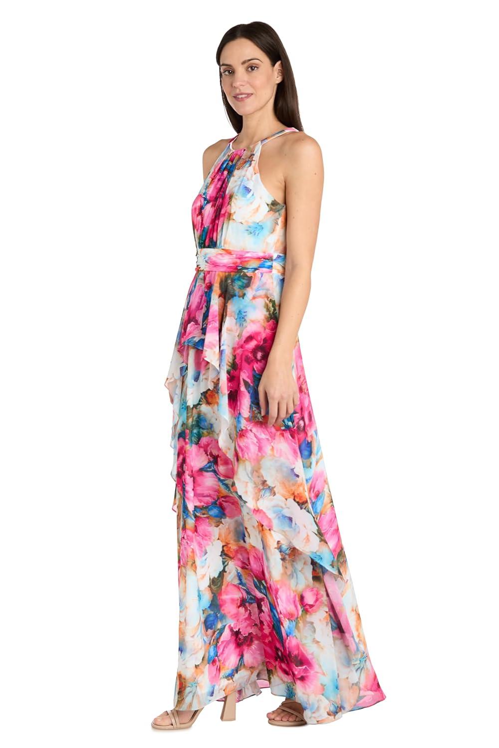 Vibrant Floral Chiffon Halter Maxi Dress with Ruffle Hem