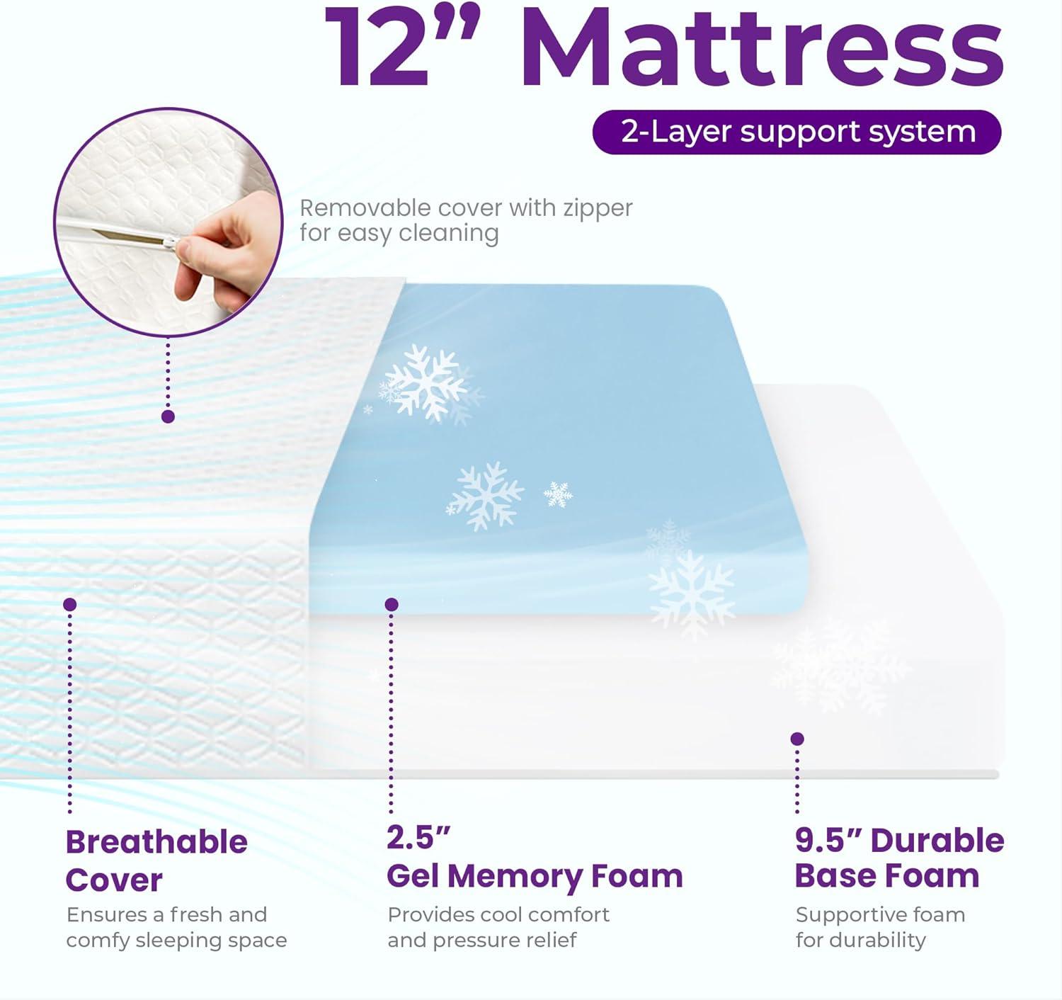GAESTE 12 Twin Memory Foam Mattress, Cooling Gel, Medium Firm Support, Pressure Relief, Breathable Cover, Mattress in a Box, Adult and Child