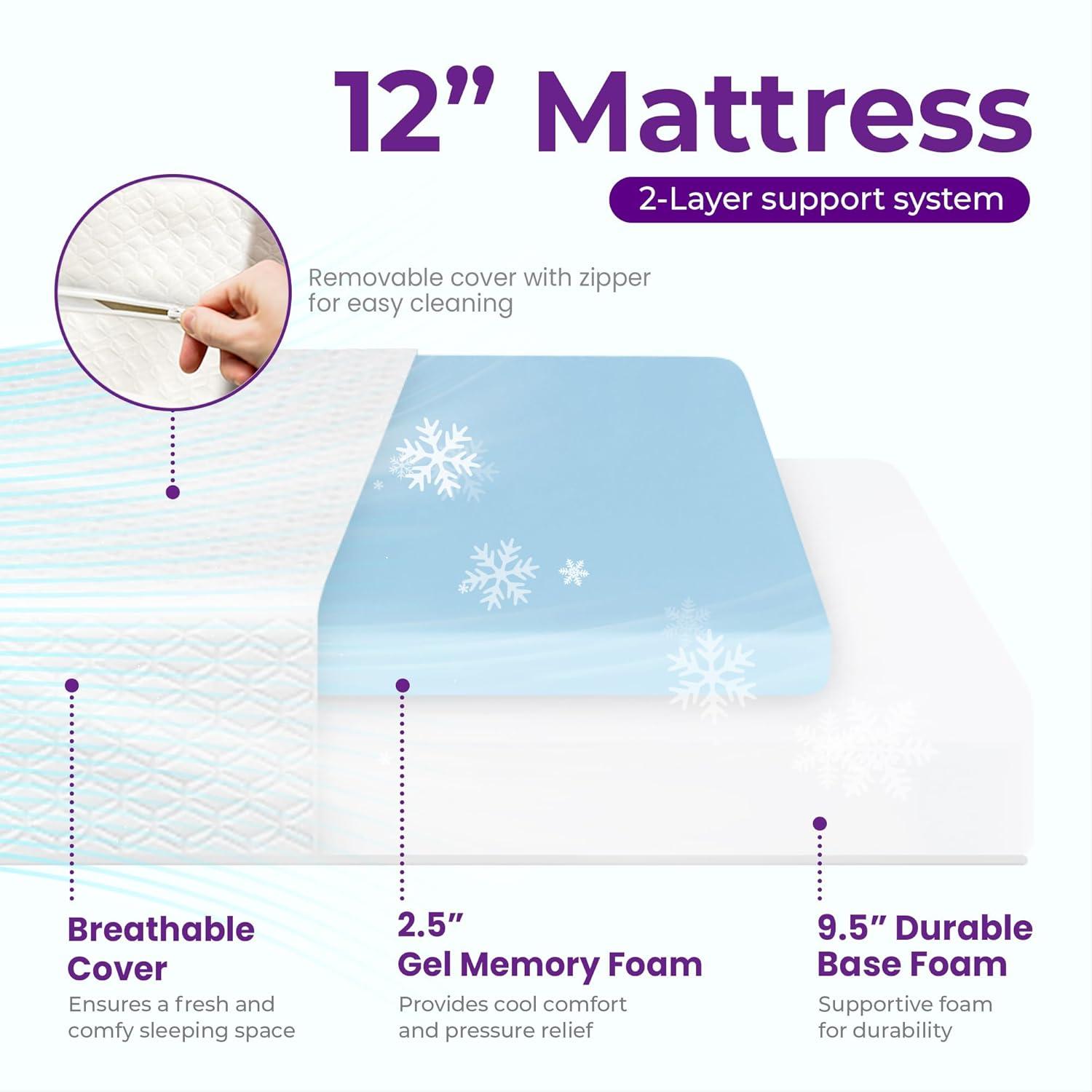 GAESTE 12 Twin Memory Foam Mattress, Cooling Gel, Medium Firm Support, Pressure Relief, Breathable Cover, Mattress in a Box, Adult and Child