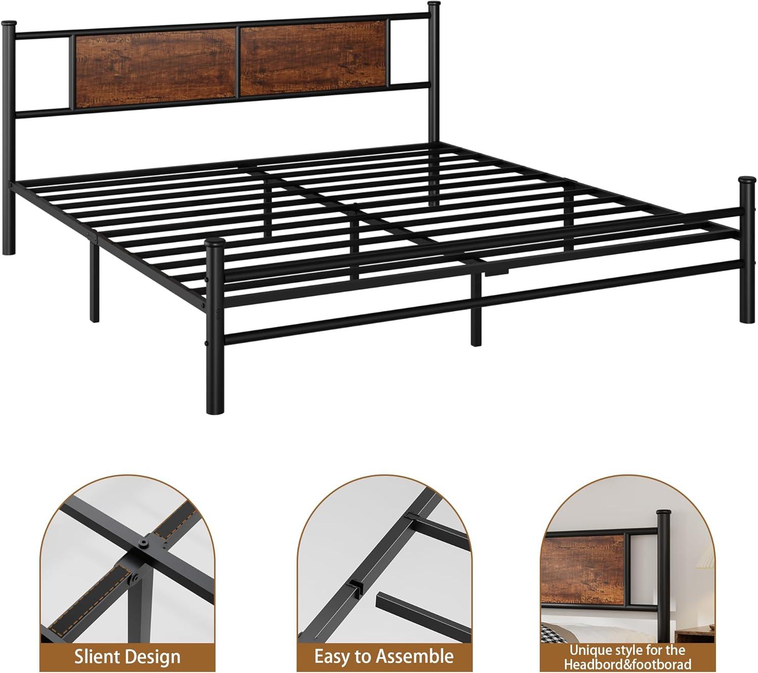 King Size Bed Frame with Rustic Wood Headboard, Metal Heavy Duty Platform, Sturdy Steel Slat Support, No Box Spring Needed, Black King Platform Bed Frame with Headboard