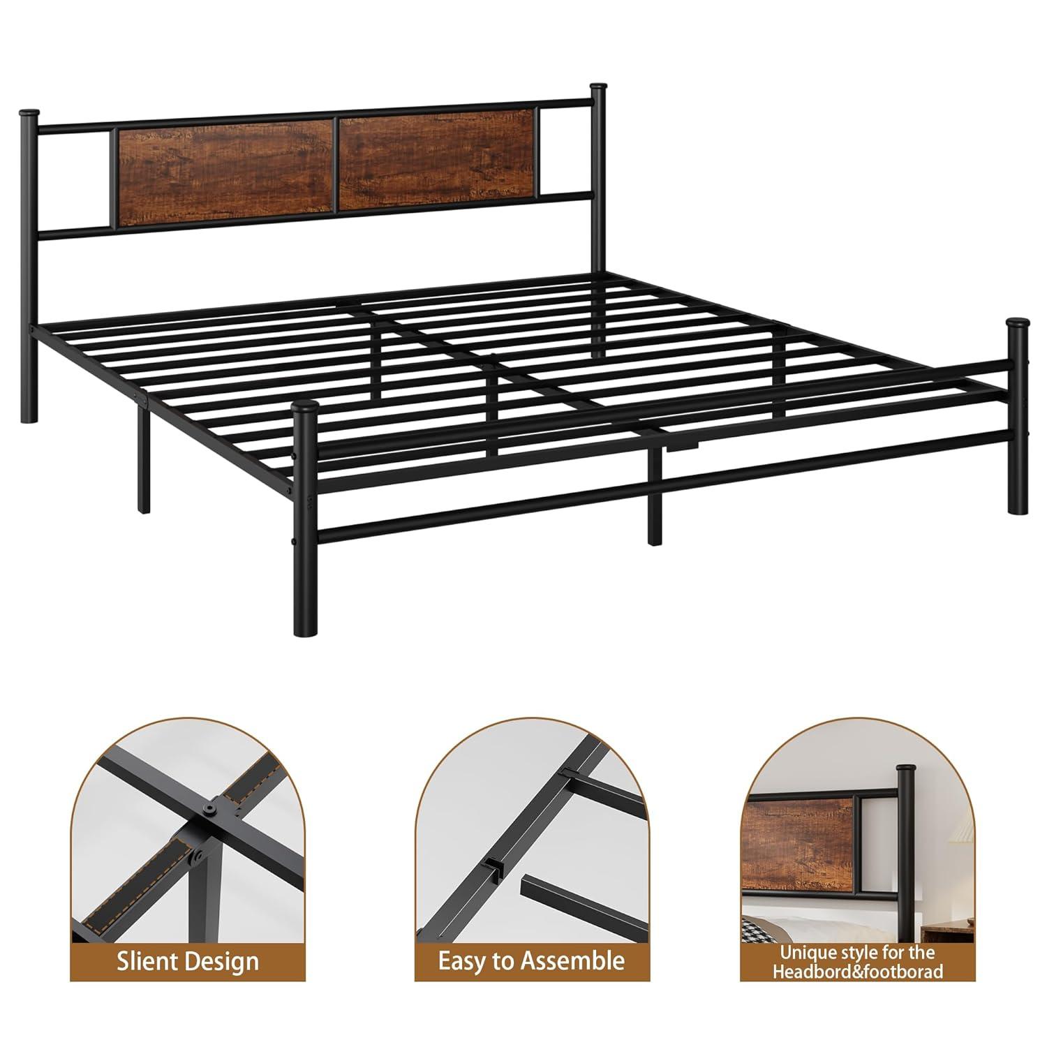 King Size Bed Frame with Rustic Wood Headboard, Metal Heavy Duty Platform, Sturdy Steel Slat Support, No Box Spring Needed, Black King Platform Bed Frame with Headboard