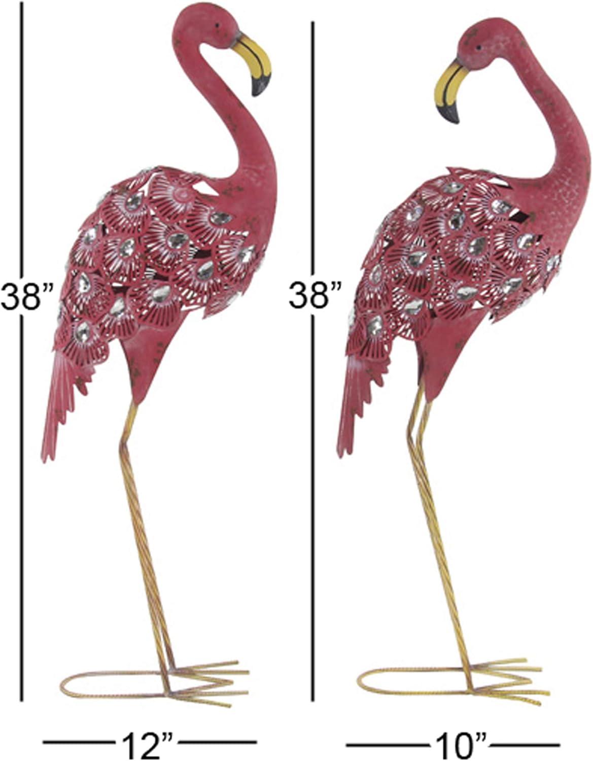 DecMode Coastal Outdoor Metal Standing Pink Flamingo Garden Sculpture, Set of 2 10"W x 38"H
