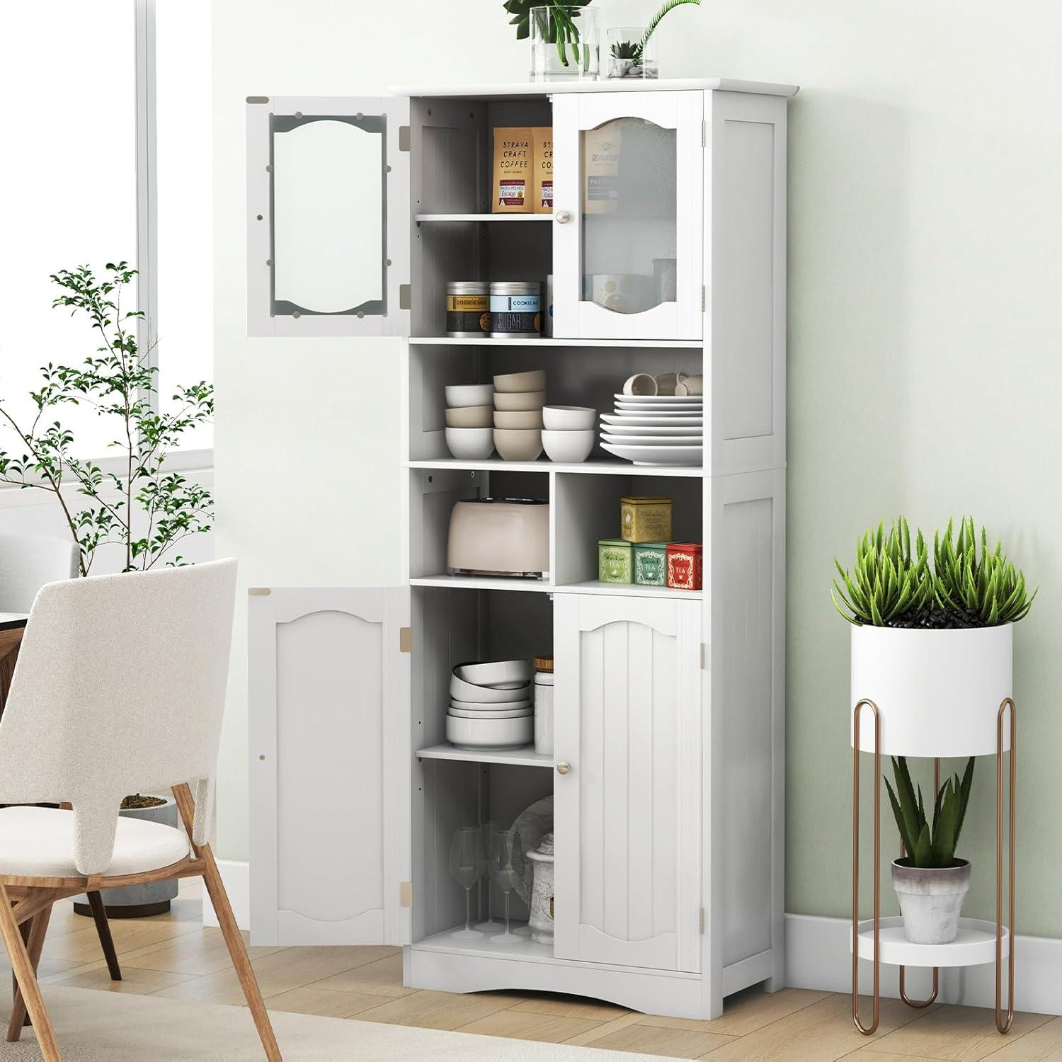 White Tall Freestanding Cabinet with Frosted Glass Doors and Adjustable Shelves