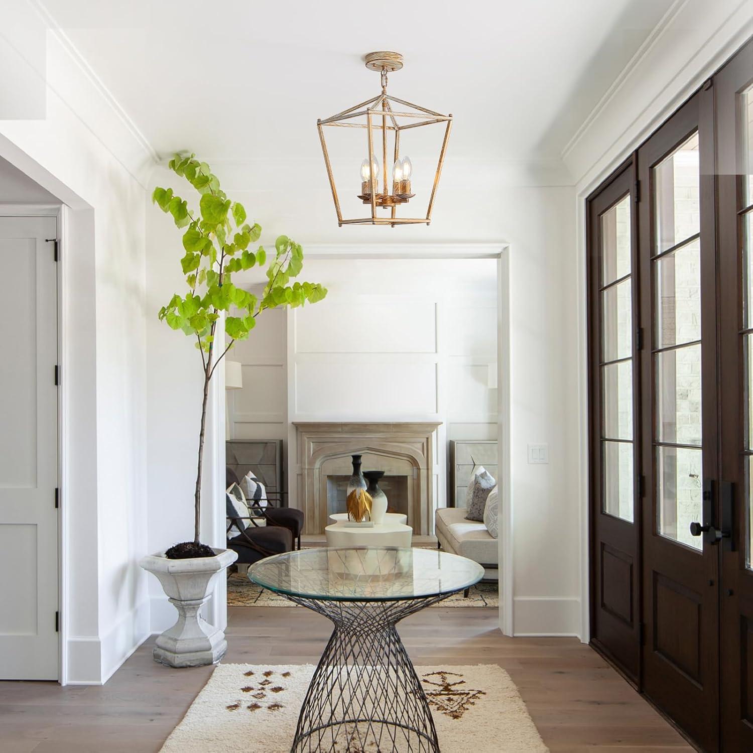 Rustic Lantern Chandeliers 4-Light Ceiling Cage Hanging Lights Gold Pendant Light Fixtures for Kitchen Island Dining Room Farmhouse Entryway Foyer