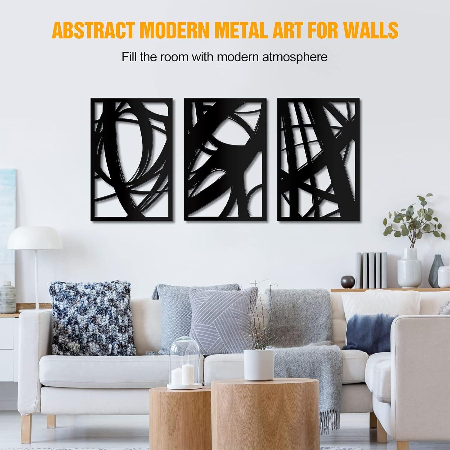 WINUSD 4Pcs Abstract Black Metal Wall Art, 3D Textured Metal Wall Decor, Modern Hollow Out Design Metal Wall Sculptures, Minimalist Line Art Home Decor for Living Rooms Offices Restaurants(16 x 11)
