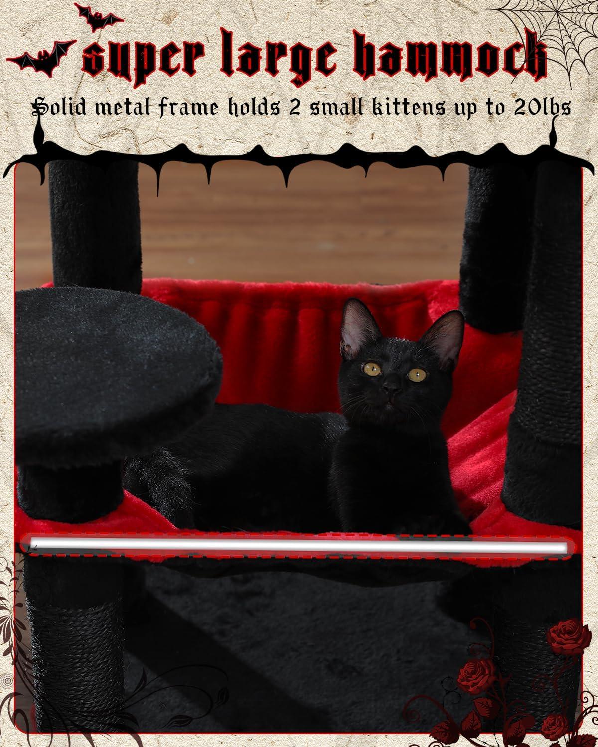 Gothic Cat Tree With Super Large Hammock, 45.7"  Cat Tower With Coffin Bed, Cat Condo, Sisal Scratching Posts & Top Perch, Multi-Level Goth Cat Tree, Halloween