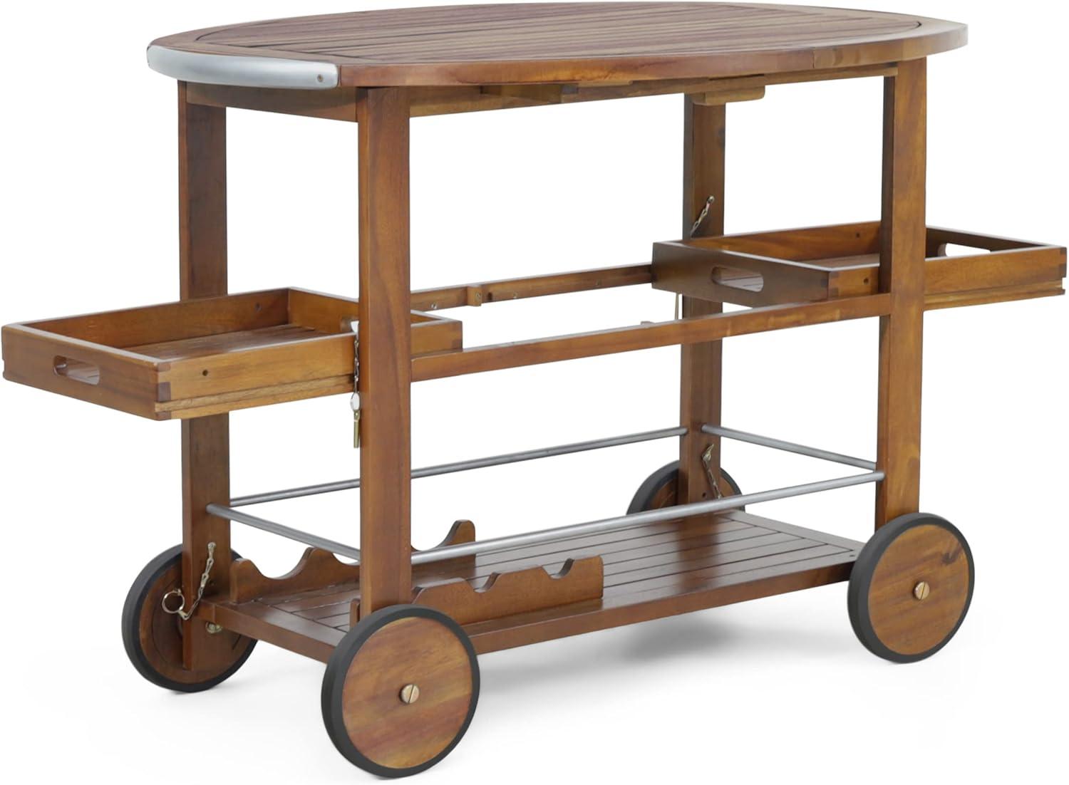 Modern Industrial Dark Oak Acacia Wood Bar Cart with Drop Leaf and Wine Rack