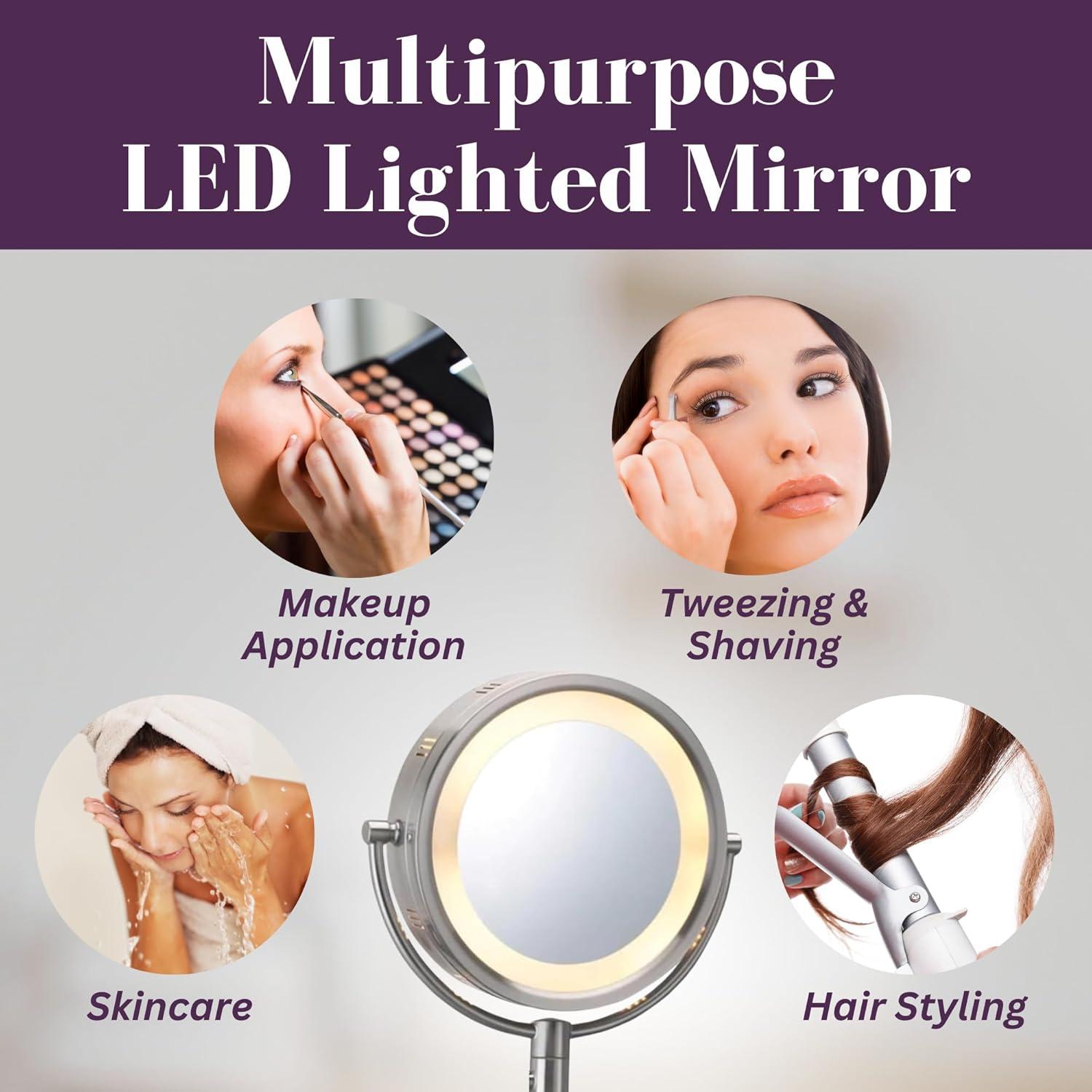 Jerdon 8-inch Two-Sided Lighted Makeup Mirror, 5X-1X Magnification - Plug in - Nickel Finish - Model HL65N
