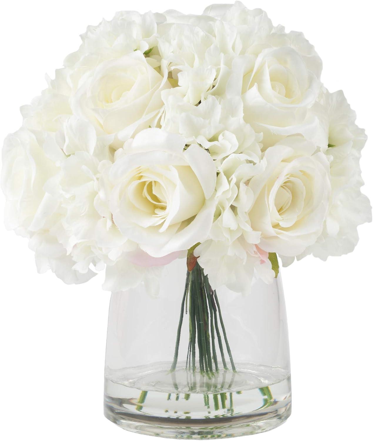 Floral Arrangement with Vase - Realistic Accent with 10 Hydrangeas and 11 Roses in Clear Glass Container with Faux Water by Pure Garden (Cream)