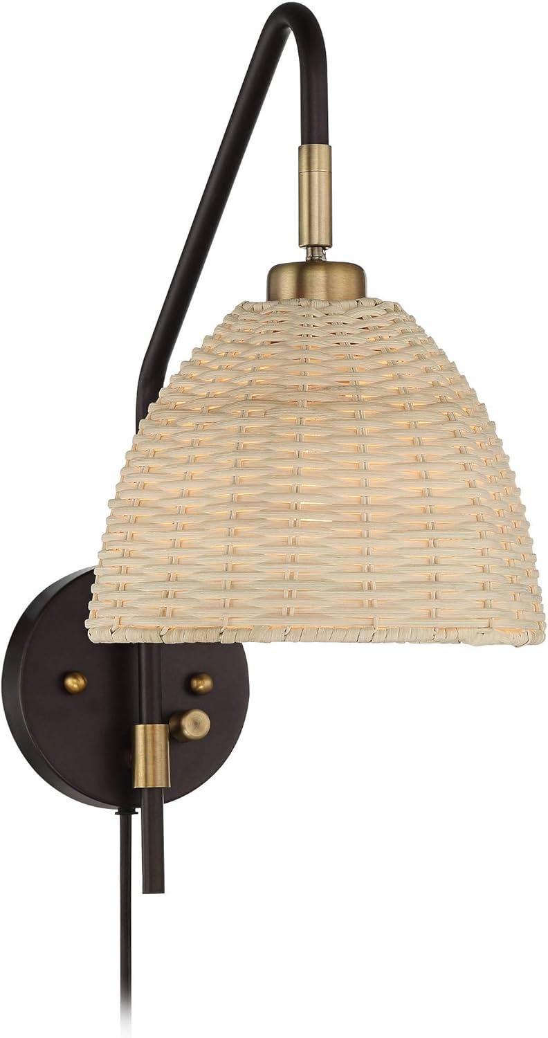 Coastal Swing Arm Adjustable Wall Lamp in Deep Bronze and Brass with Rattan Shade