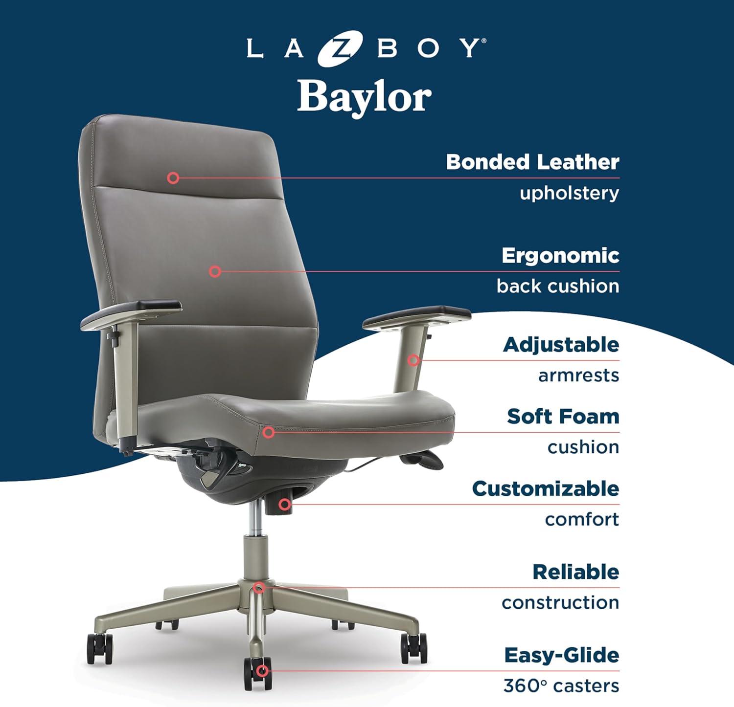 La-Z-Boy Baylor Bonded Leather Adjustable Ergonomic Executive Office Chair with Lumbar Support