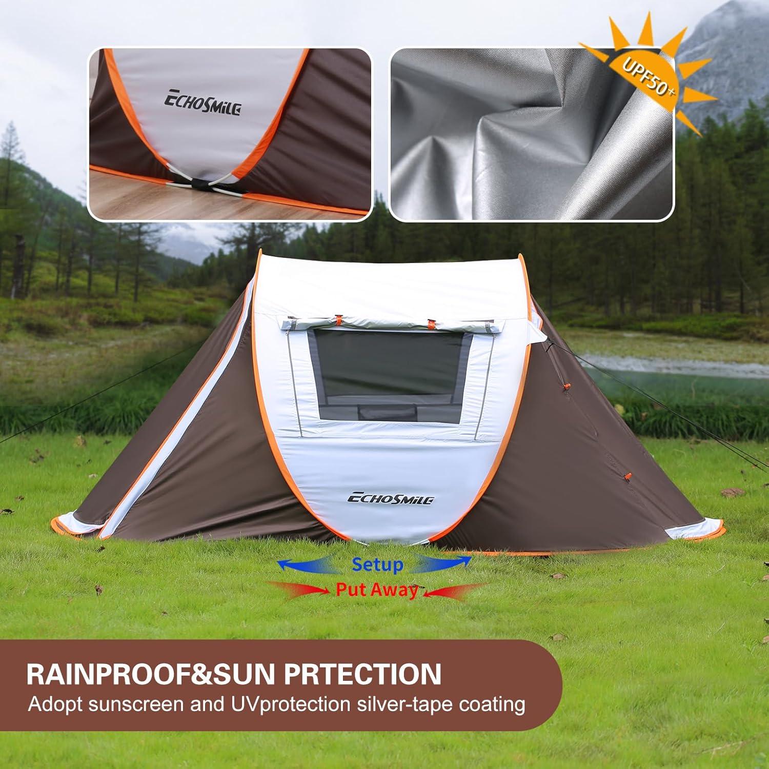 EchoSmile 2-Person White and Brown Pop Up Camping Tent