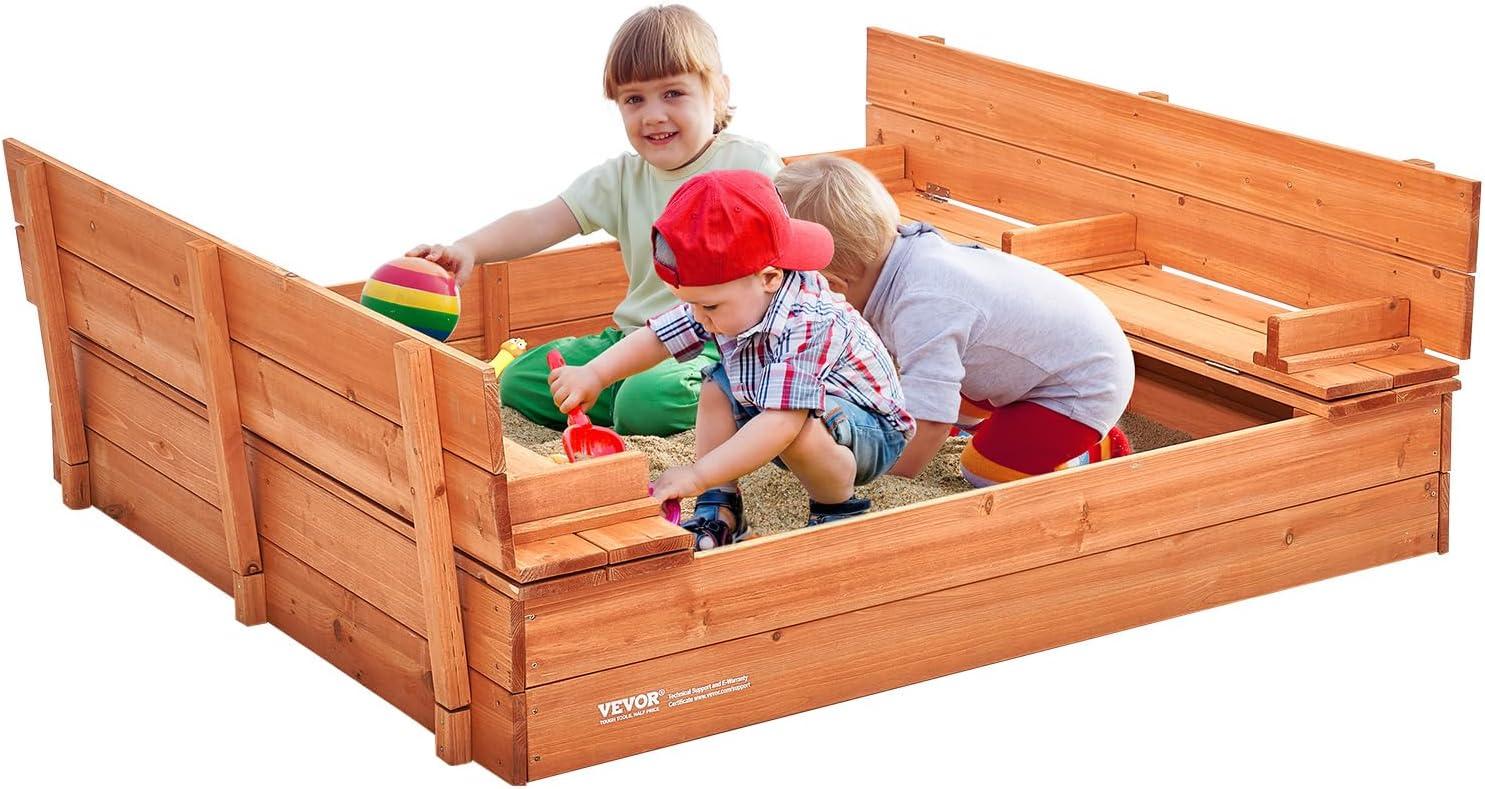 Natural Fir Wood Square Sandbox with Foldable Bench Seats