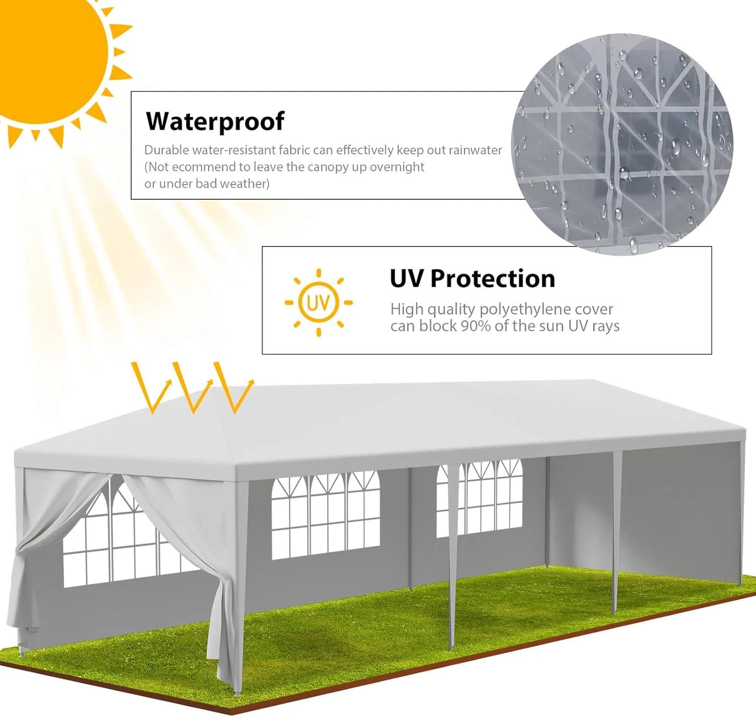 10'x30' Outdoor Party Tent with 8 Removable Sidewalls, Waterproof Canopy Patio Wedding Gazebo, White