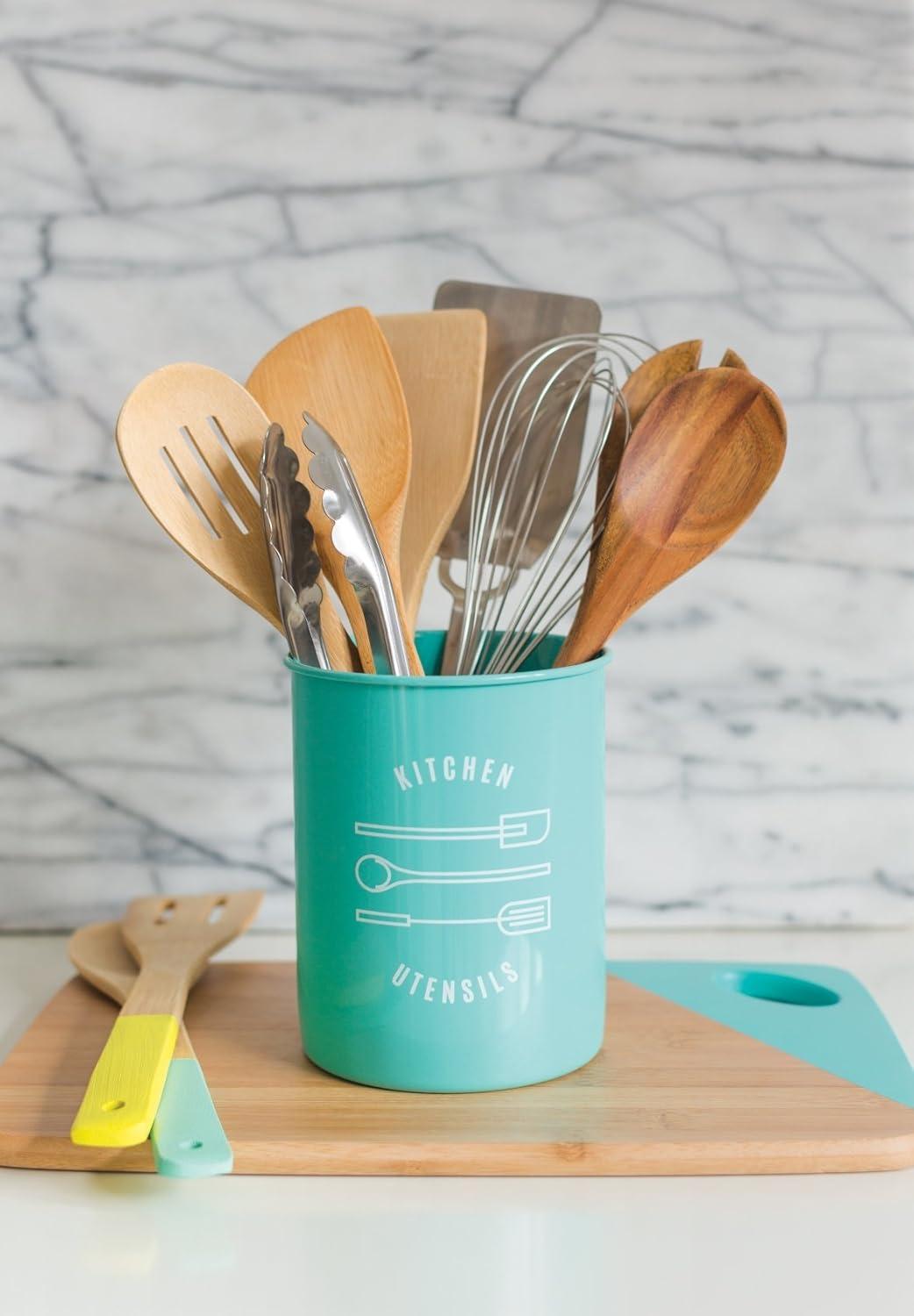 Turquoise Powder-Coated Steel Kitchen Utensil Crock