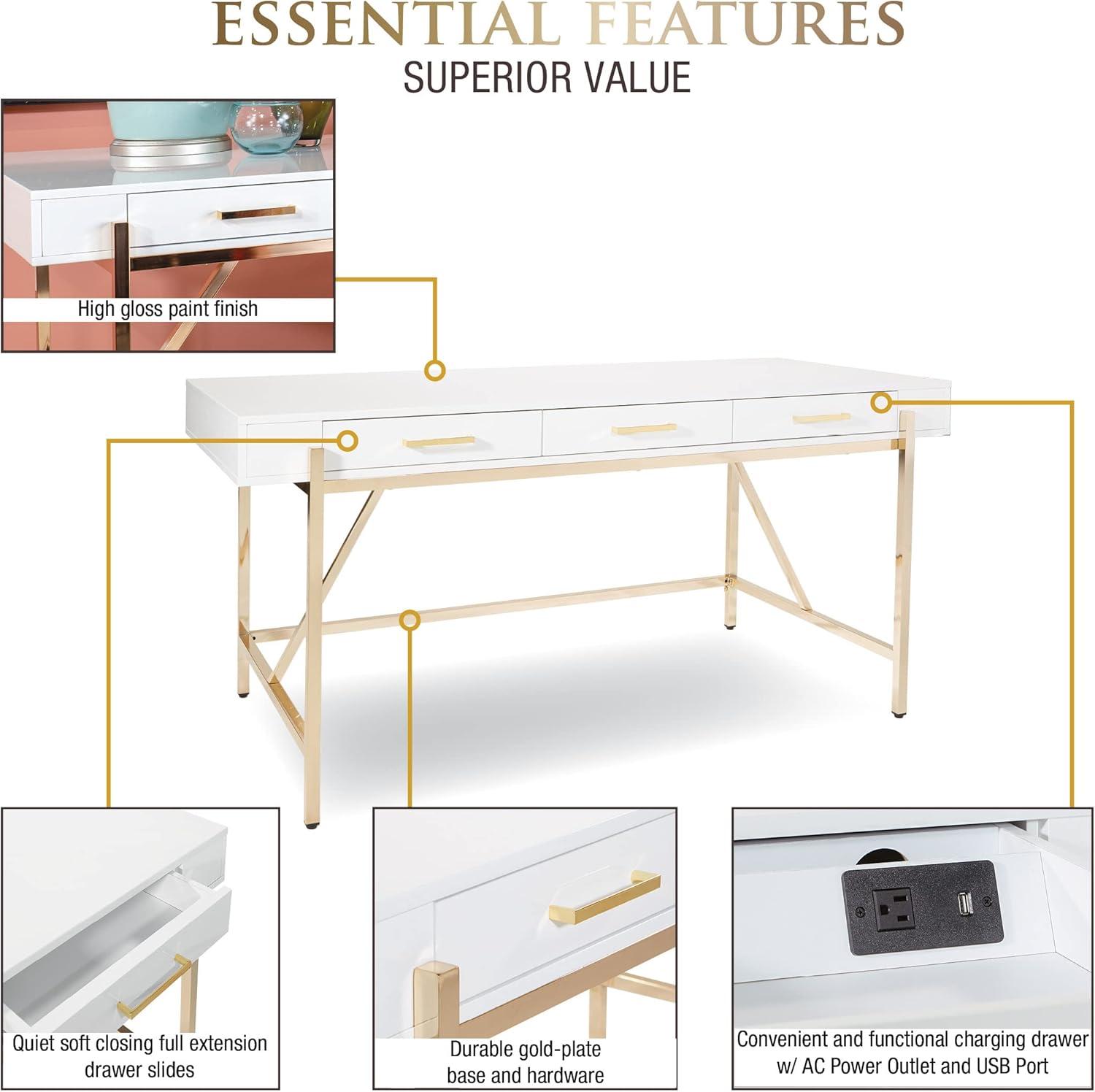 Broadway Chic 33" White Gloss & Gold Detail Desk with Drawers