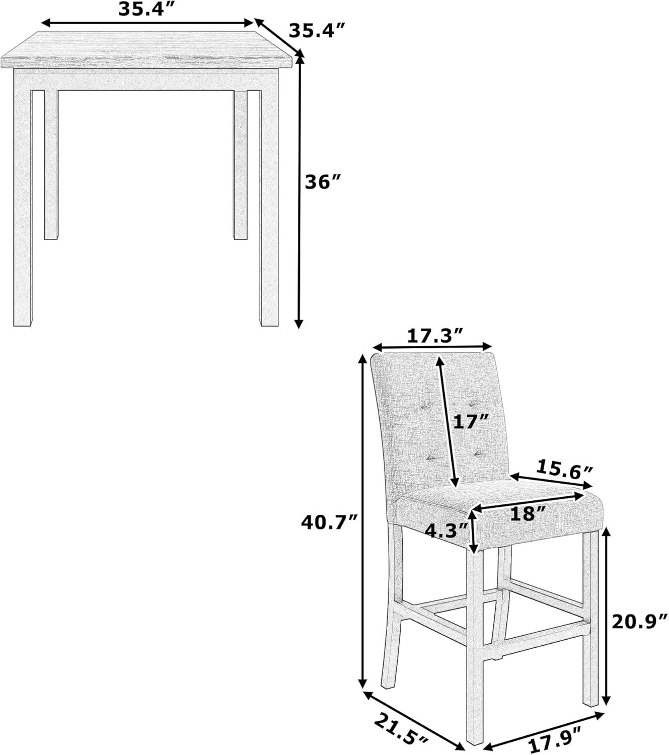 5-Piece Counter Height Dining Set, Includes 1 Solid Wood Table and 4 Upholstered High-Back Chairs w/Footrest for Kitchen, Diningroom, Living Room, Easy to Assemble