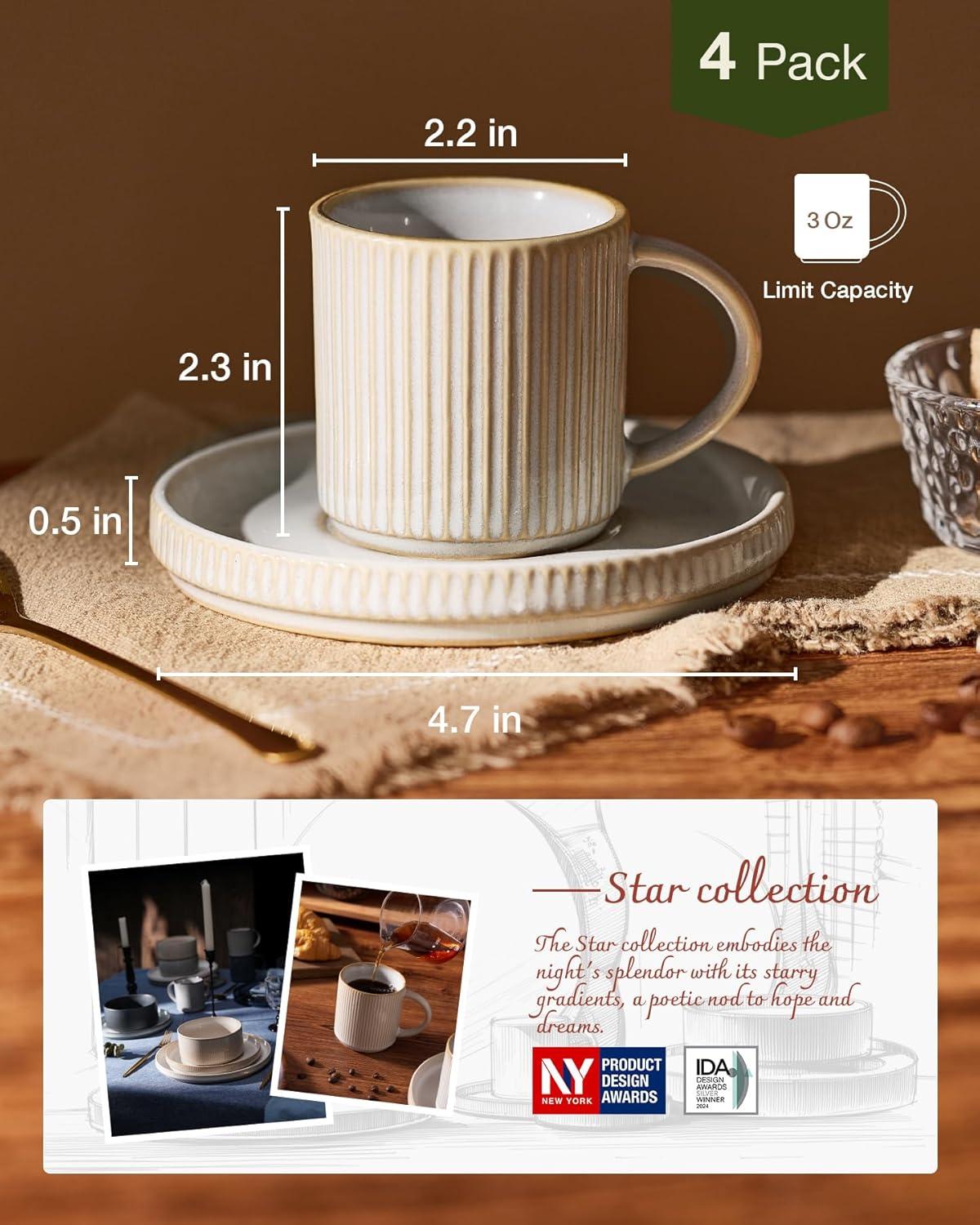 shuoli Star Espresso Cups And Saucers Set Of 4, [ Mini ] 3 Oz Ceramic Small Coffee Mug With Handle, Ribbed Stoneware Demitasse Cup For Tea, Latte - Microwave & Dishwasher Safe - Cappuccino White