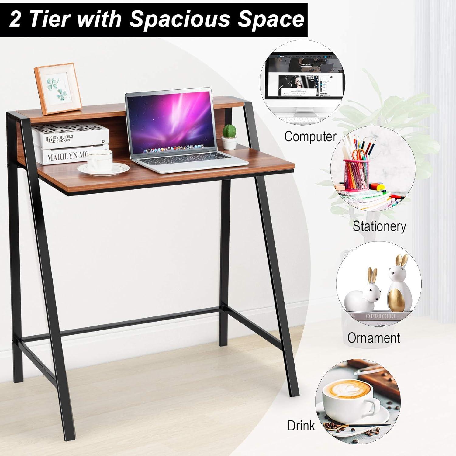 YYAo Writing Desk, Home Computer Desk,2 Tier Computer Desk PC Laptop Table Study Writing Home Office Workstation New-Walnut