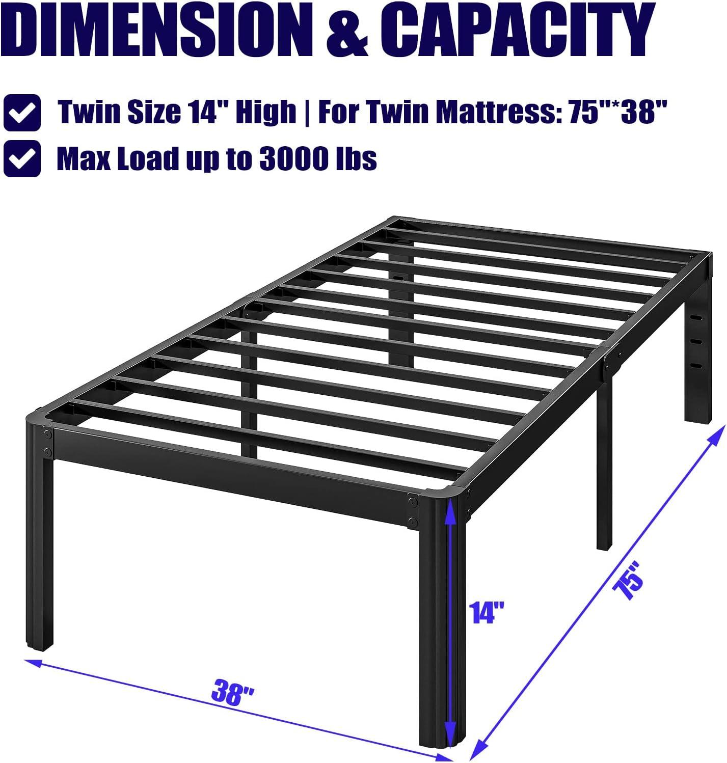 Mavesmog 14 inches Twin Size Bed Frames, Metal Twin Size Modern Mattress Platform Metal Bed Frame