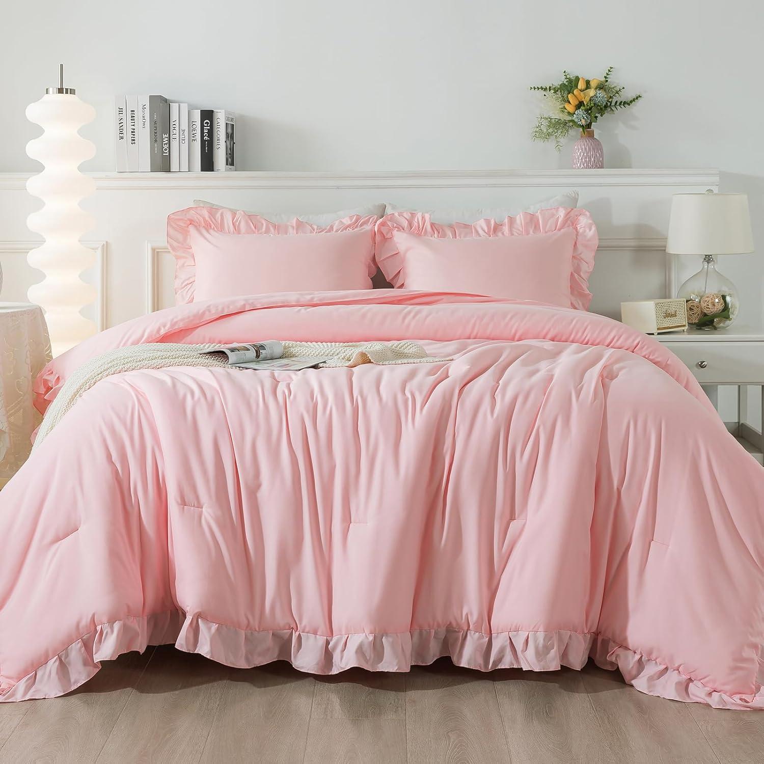 HOMERRY Pink Ruffle Pattern Duvet Cover Queen Size, 3PCS Soft Microfiber Fabric Comforter Set, 90x90 in