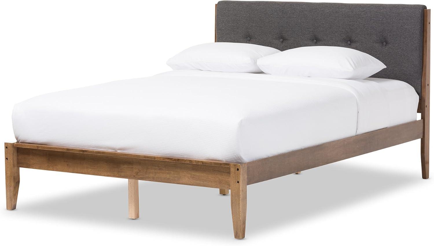 Baxton Studio King Alke Fabric Upholstered Platform Bed Light Gray/Walnut: Wooden Slats