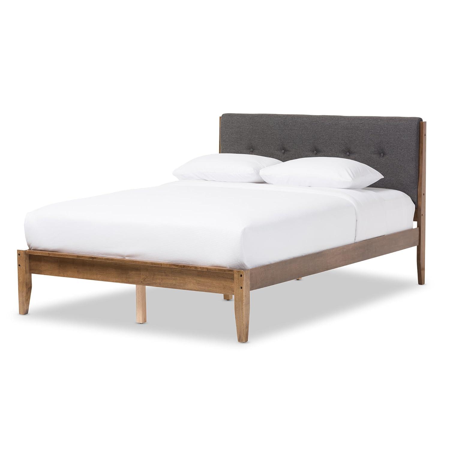 Baxton Studio King Alke Fabric Upholstered Platform Bed Light Gray/Walnut: Wooden Slats