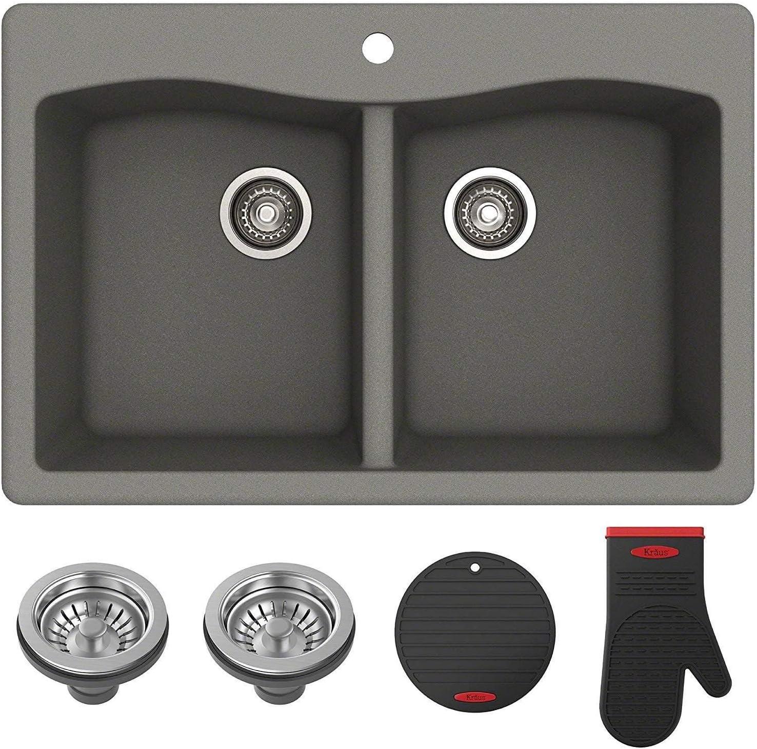 Gray Granite Dual Bowl Drop-In Kitchen Sink with Accessories