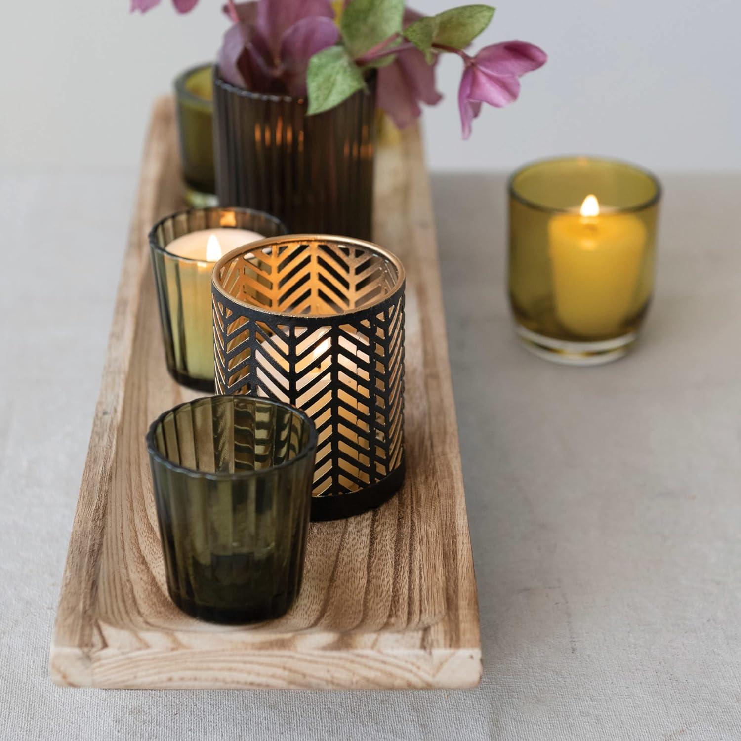 Paulownia Wood Tray with Glass & Metal Votive Holders Set, Green