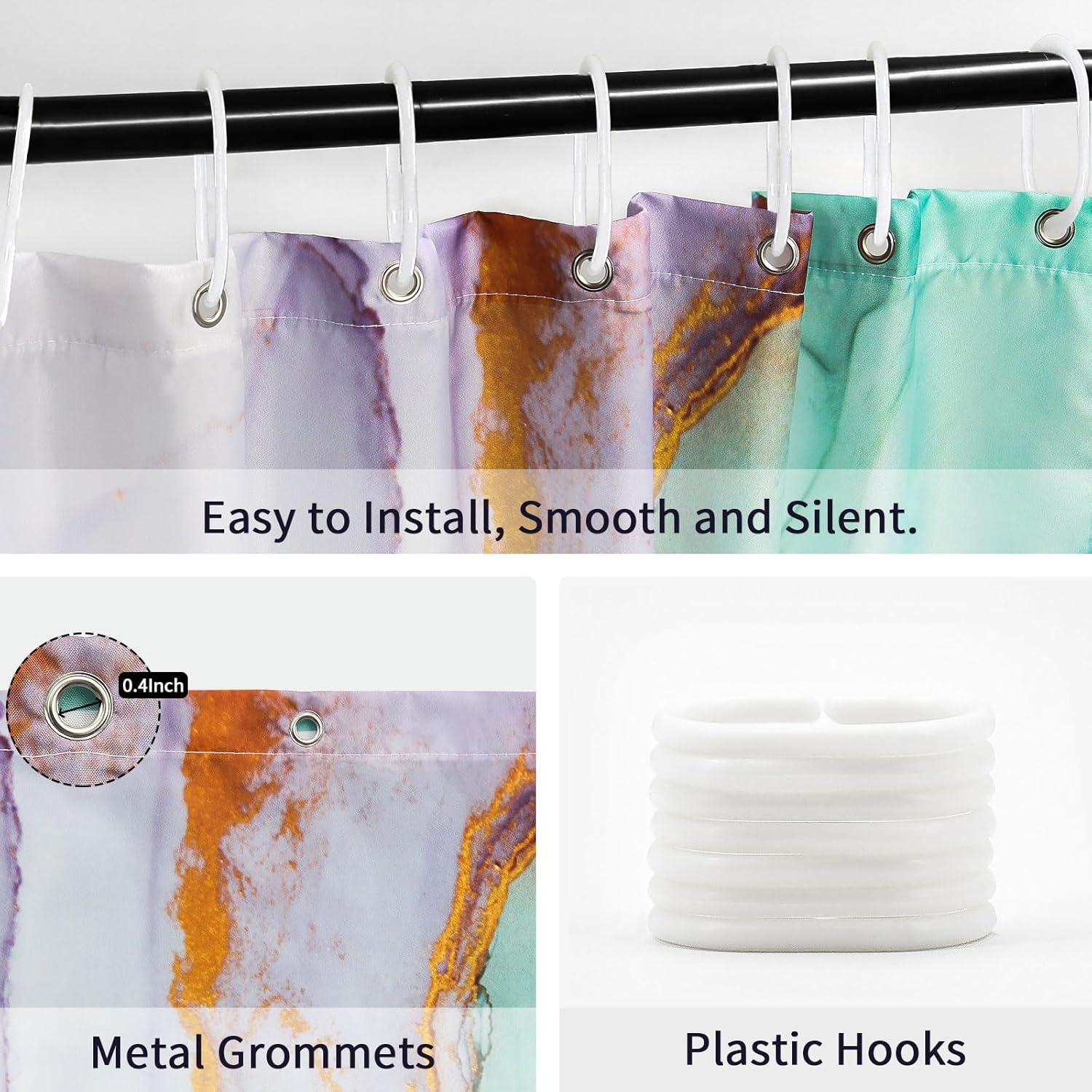 Abstract Marble Shower Curtain, Blue Green Purple Jade Texture Gold Stripes Ombre Watercolor Paint, Modern Ink Art Decor Waterproof Fabric Shower Curtain for Bathroom Set with Hooks, 71 x 71