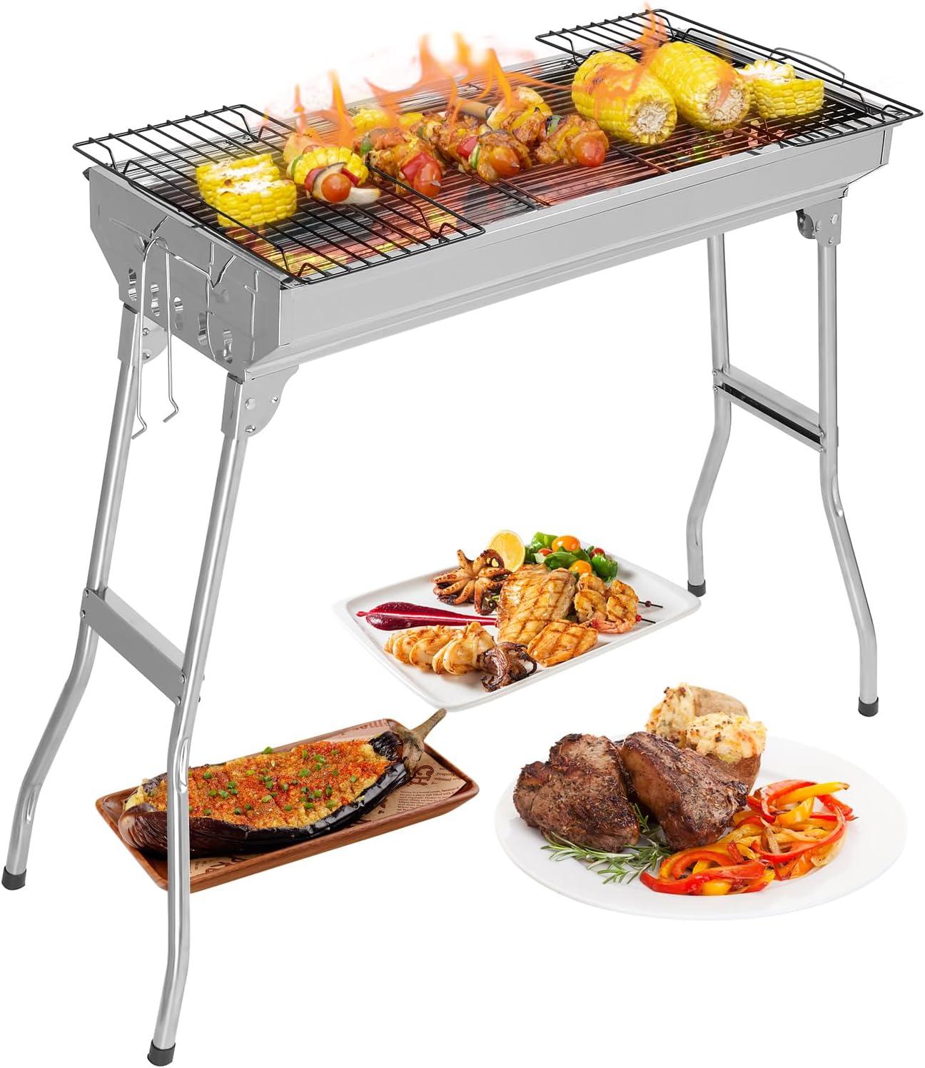 Portable Charcoal Grill, 28x 13 x 27" Foldable Barbecue Grill, Stainless Steel BBQ Grill for Outdoor Cooking Camping Hiking Picnic Garden Beach Party