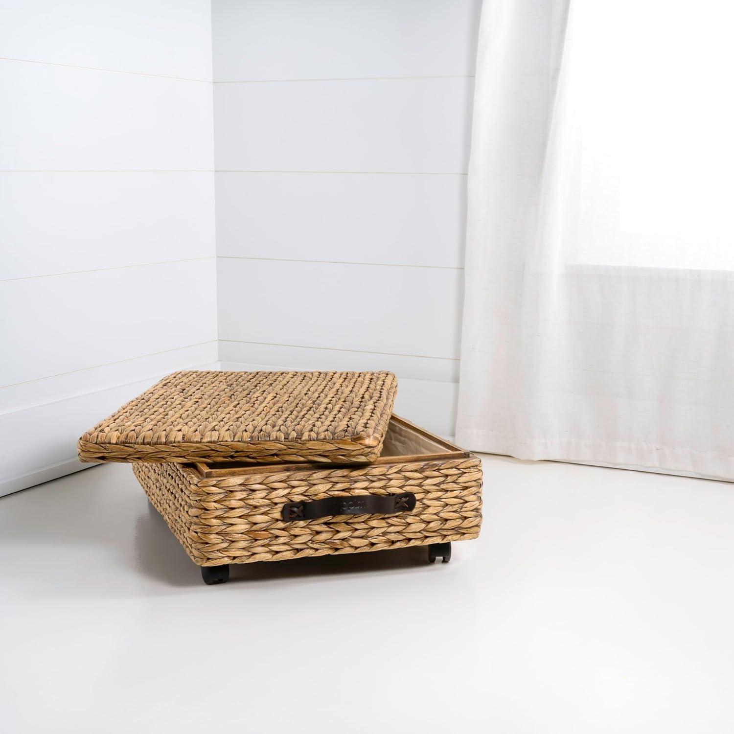 happimess Chett 26.38" Minimalist Hand-Woven Hyacinth/Wood Underbed Storage Bin with Wheels and Handles