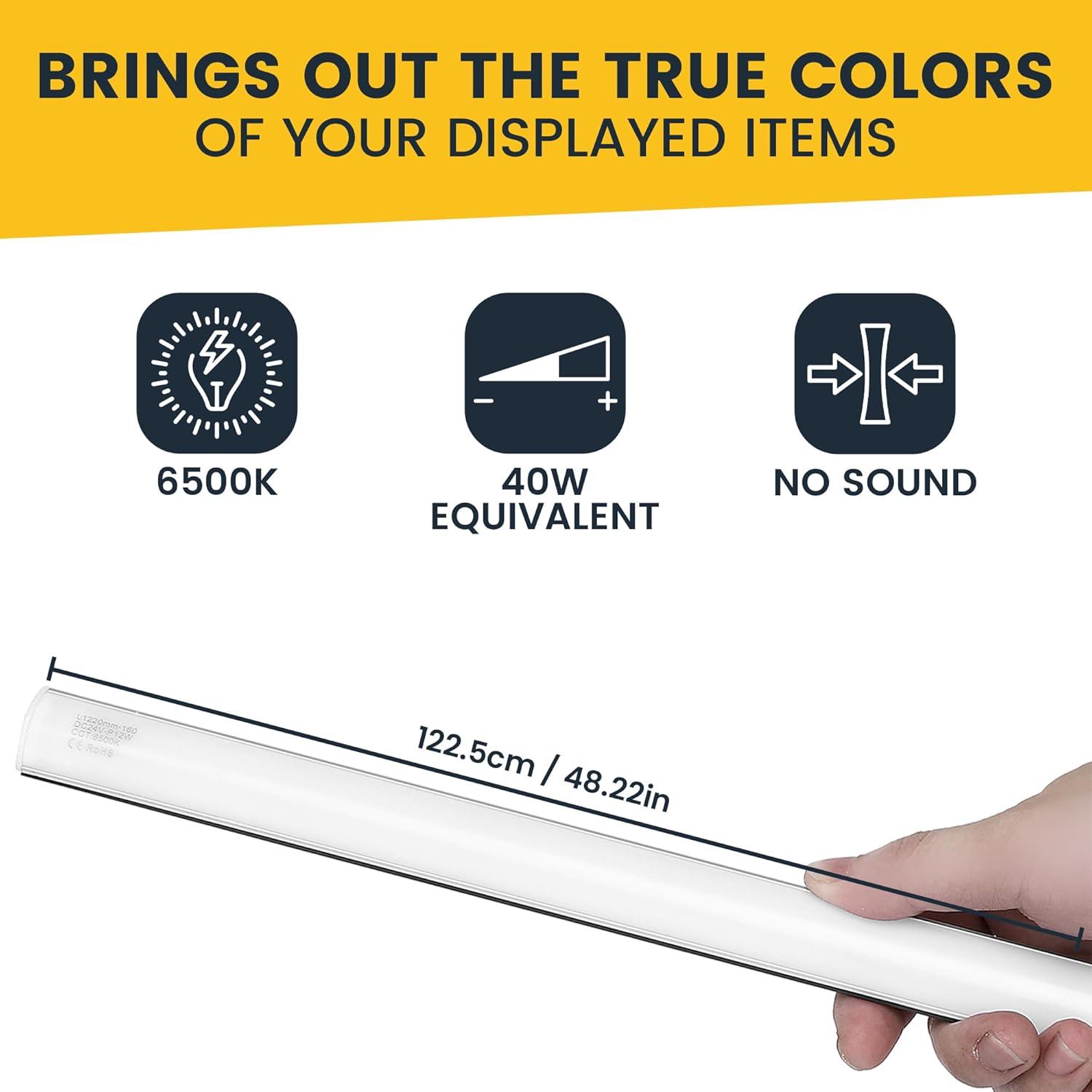 Gondola LED Shelf Lighting, 6500K Shelf LED Lights with Opalescent PC Cover, 50,000-Hour LED Shelf Lights for Supermarkets, Magnetic 4-ft Strip, 24V Adapter, 4-Pack Shelf Light, V-Shape