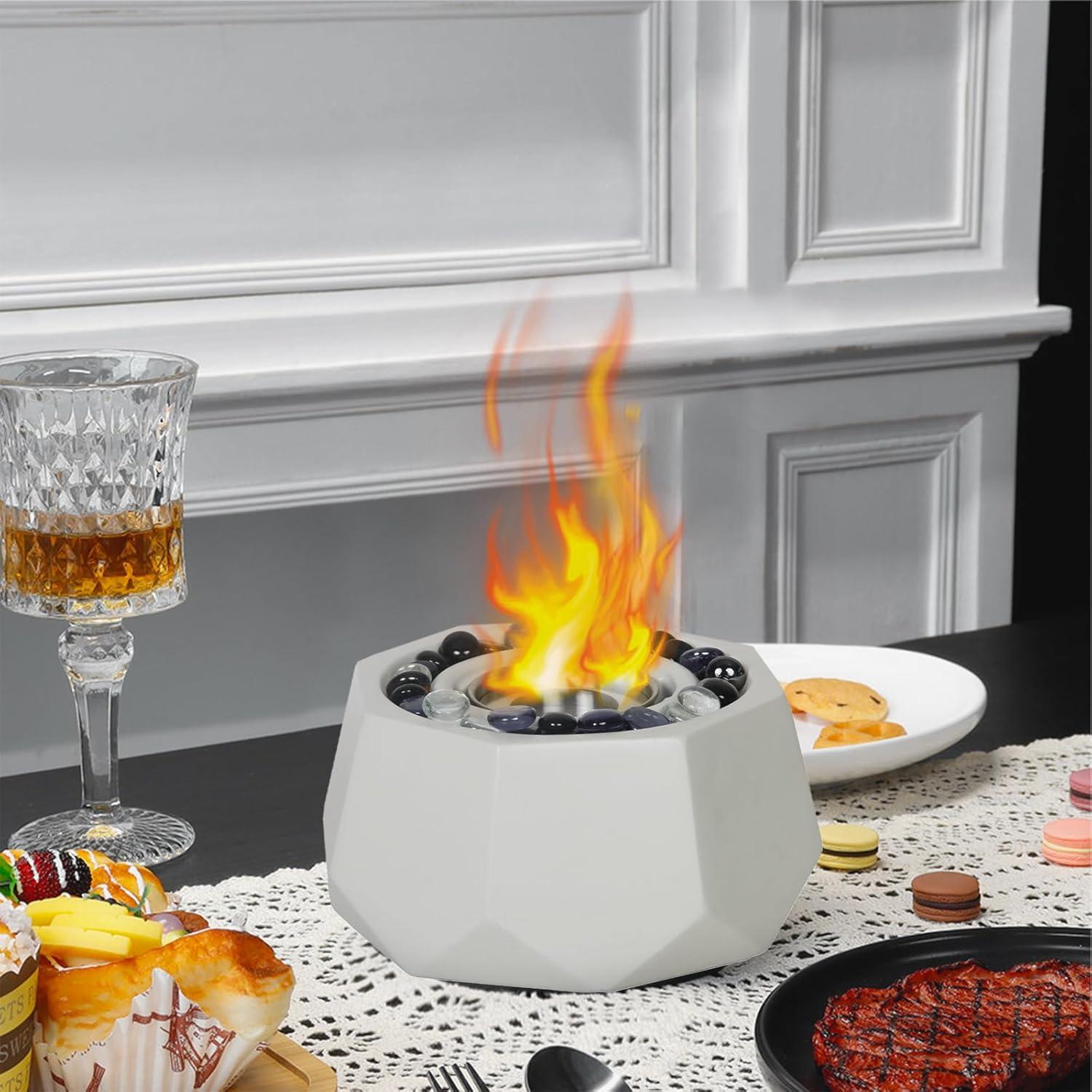 White Irregular Polygon Tabletop Fire Pit with Glass Beads