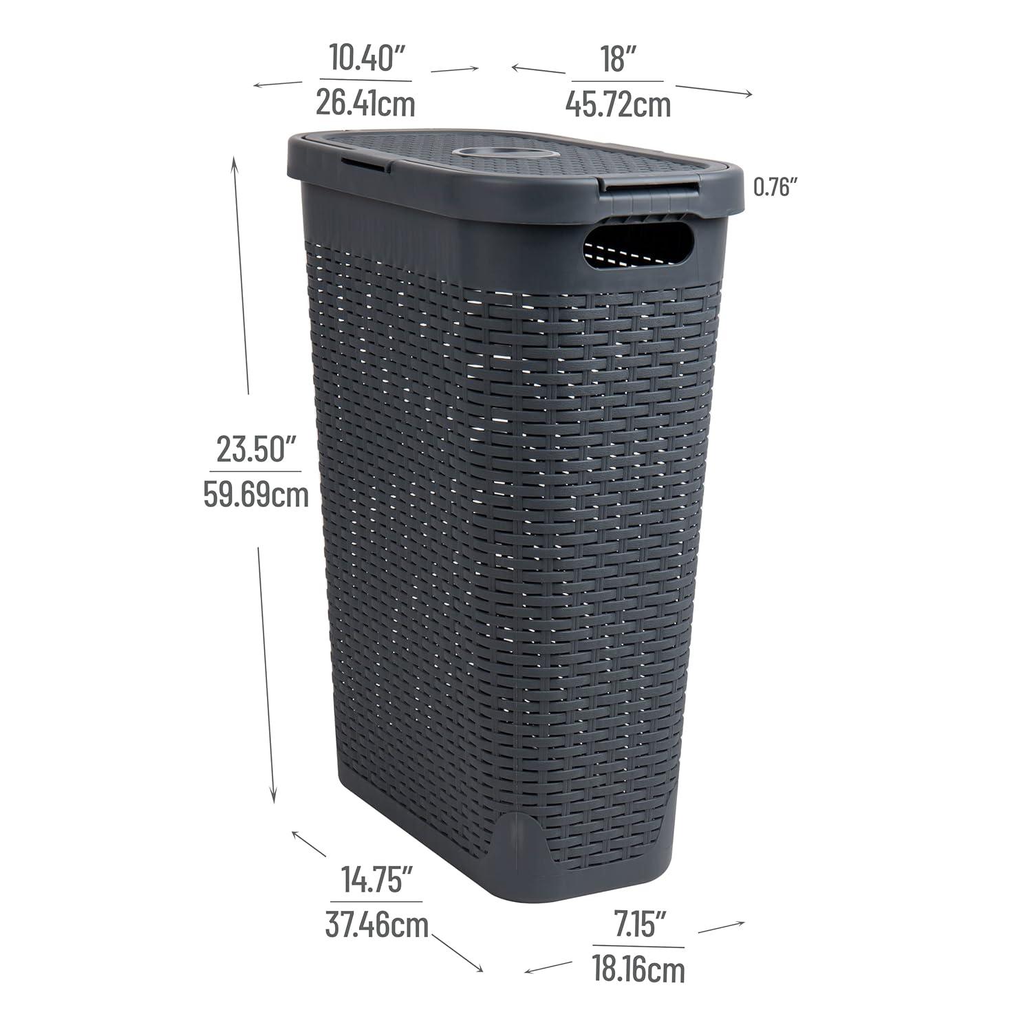 The Twillery Co.® 40L Slim Laundry Hamper, Clothes Basket, Lid, Wicker Design, Plastic
