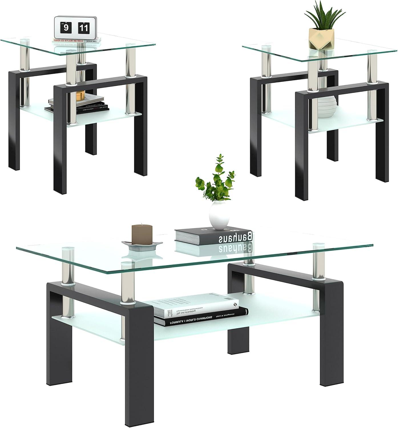 Glass Coffee Table Set of 3 Piece, Living Room Table Set of 3, Black Coffee Table and End Coffee Table Sets, Metal Frame (Black C, Set of 3)