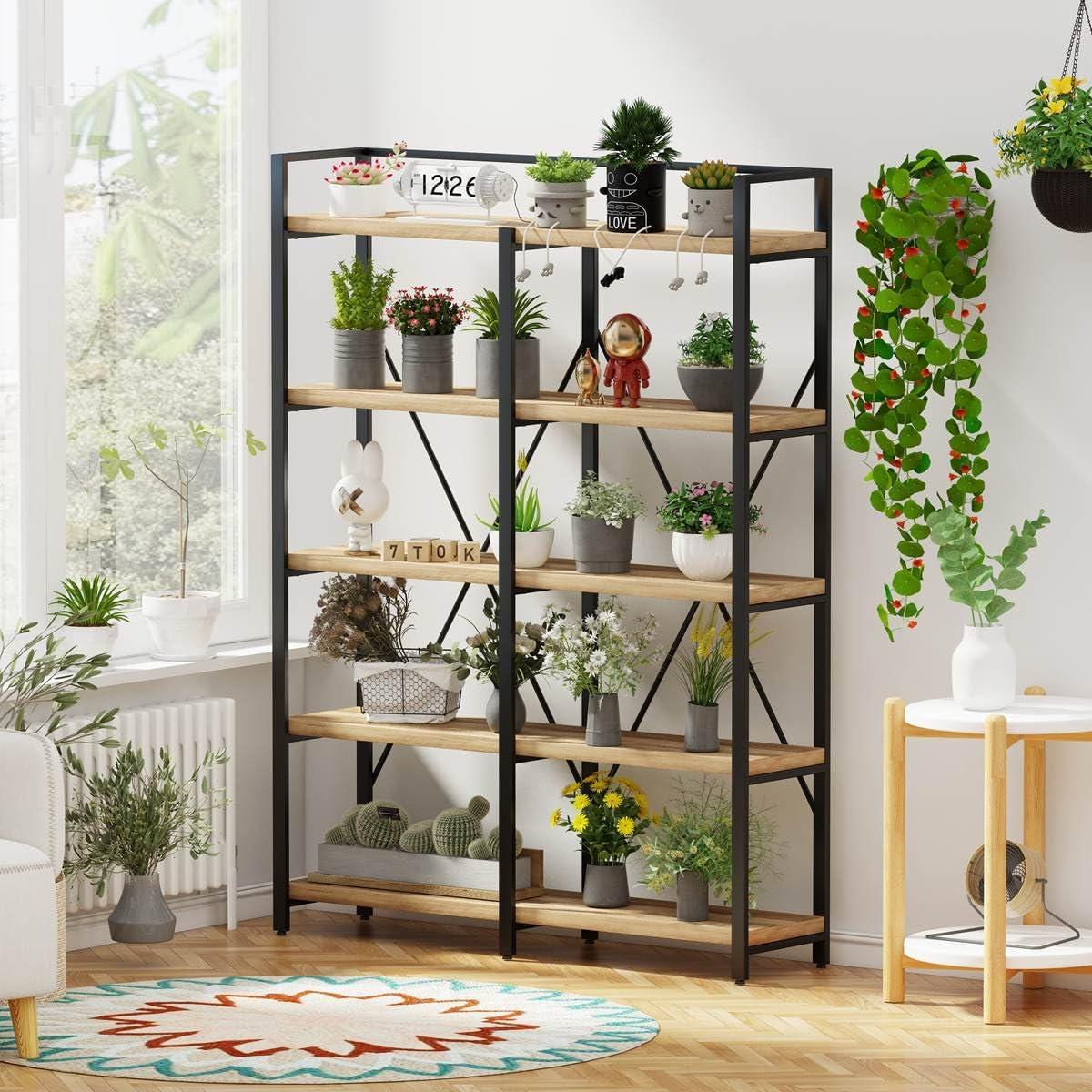 Rustic Oak and Black Industrial 5-Tier Bookshelf