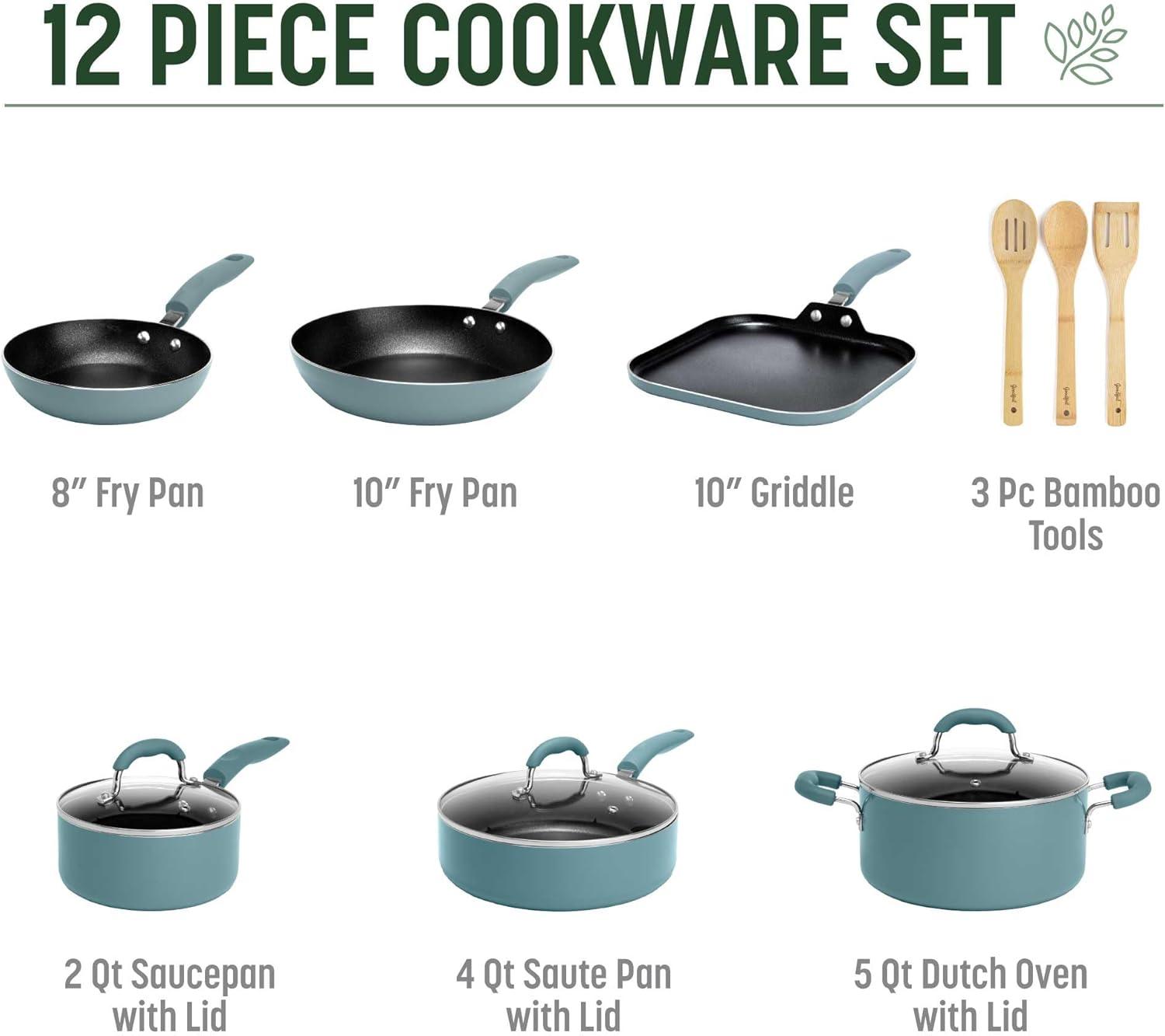 Turquoise 12-Piece Nonstick Aluminum Cookware Set with Glass Lids