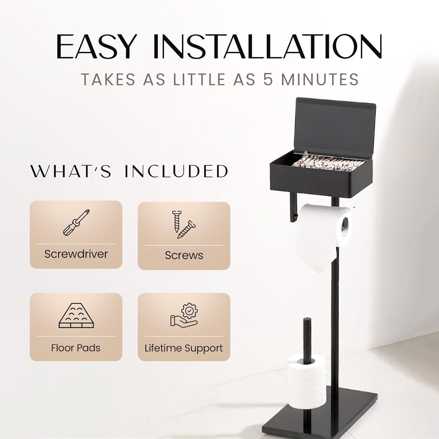 Day Moon™ Matte Black Toilet Paper Holder Free Standing Toilet Paper Holder with Storage - Toilet Paper Stand and Tissue Holder for Bathroom - Toilet Paper Holder with Shelf and Wipe Holder