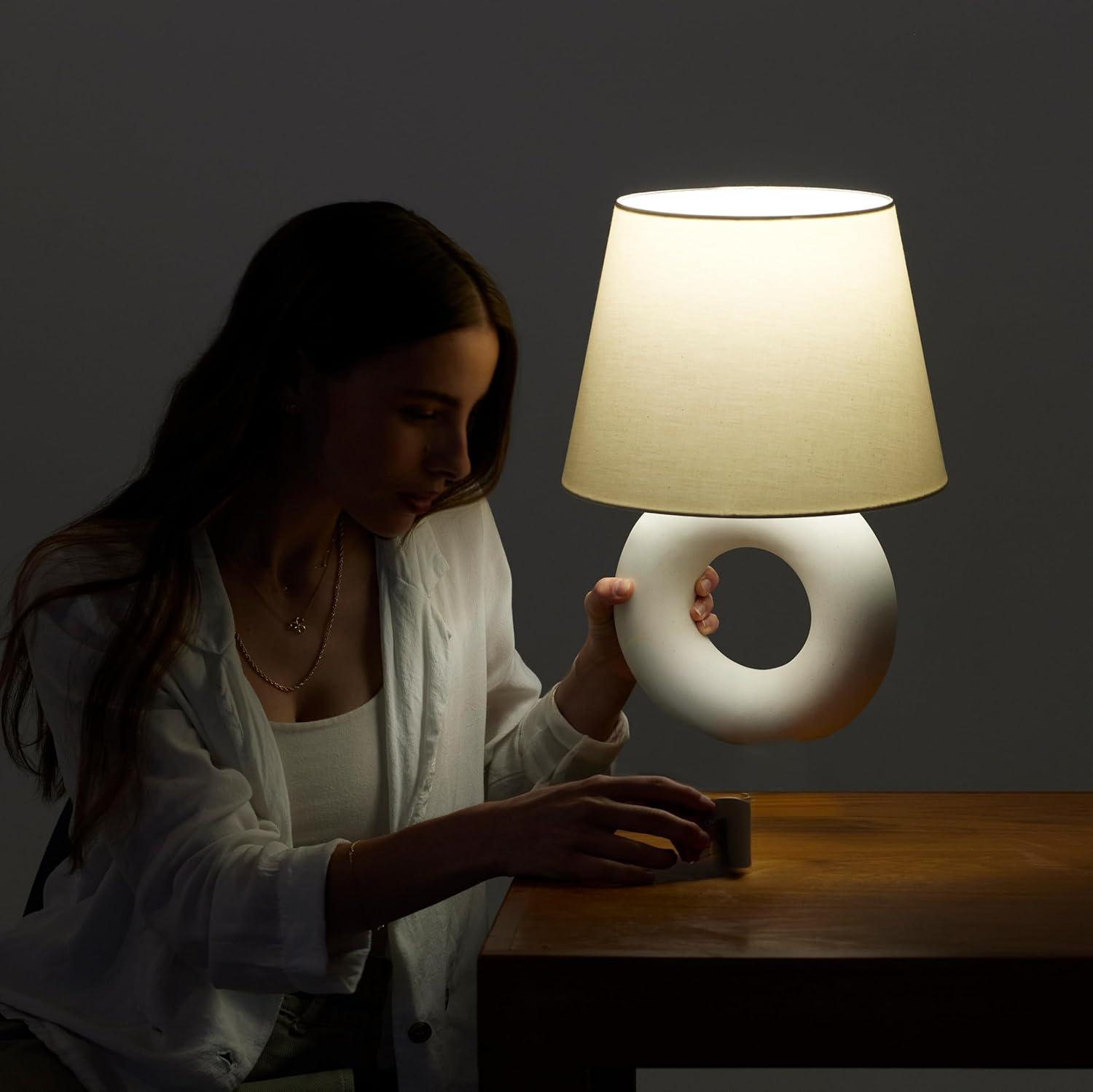 Brightech Chloe 15.5" Modern LED Table Lamp with Circular Ceramic Base and Natural Cotton Shade