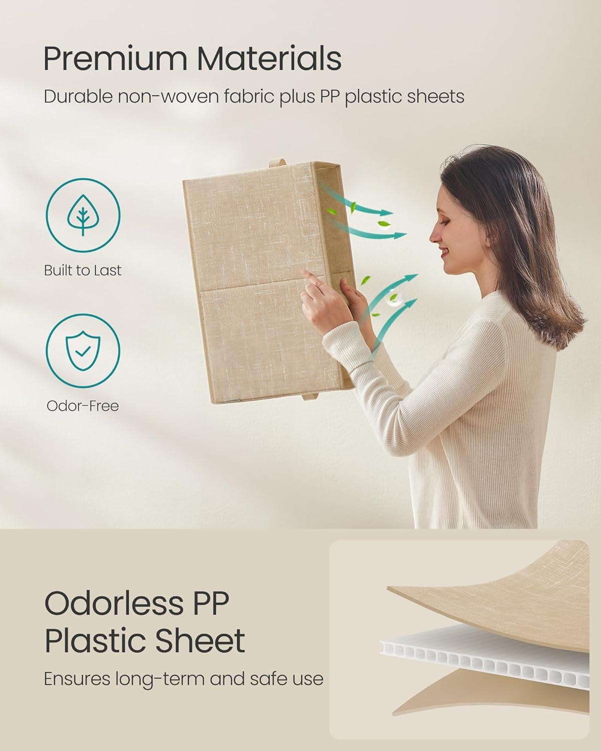 SONGMICS Storage Baskets, Set of 3 Fabric Storage Bins, 15.7 x 11.8 x 9.5 Inches, Foldable Closet Organizer for Shelves, 2 Handles, Label Holders, for Bedroom, Living Room, Sand Beige UROB440K01