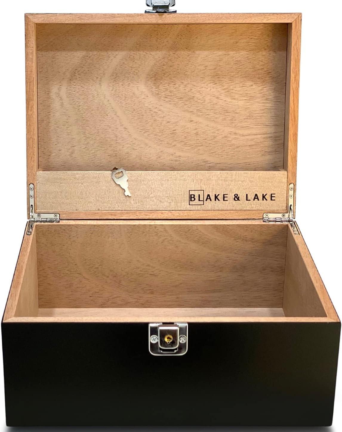 Black Wooden Storage Box with Hinged Lid and Locking Key- Large Keepsake Box with Lock - Wood Chest with Matte Finish - Store Jewelry Keepsakes Photos Gift Boxes (Black)