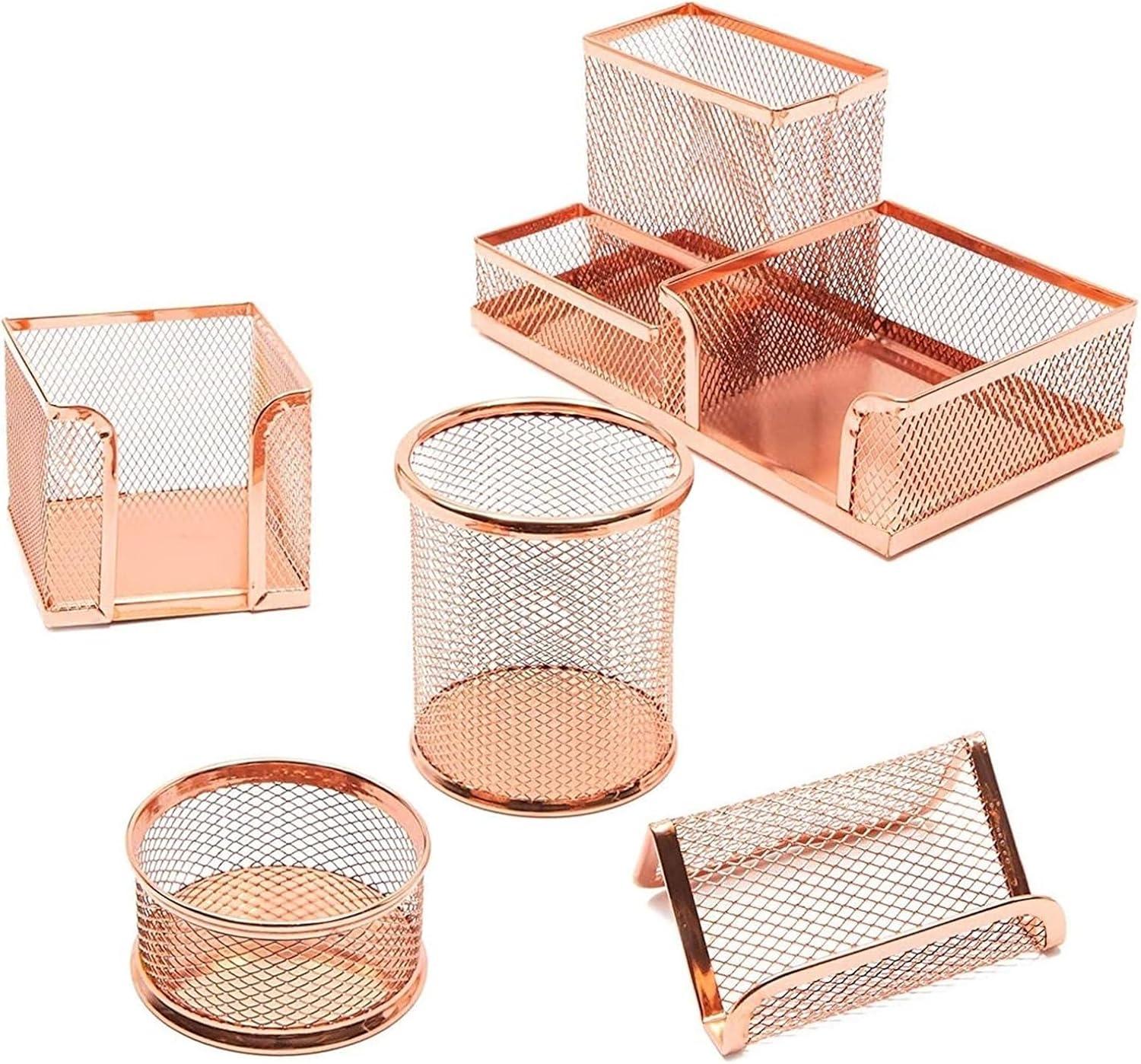 Paper Junkie Rose Gold Desk Organizer Set for Home and Office Supplies, Accessories with Pen, Pencil, Business Card, Note, and Clip Holders