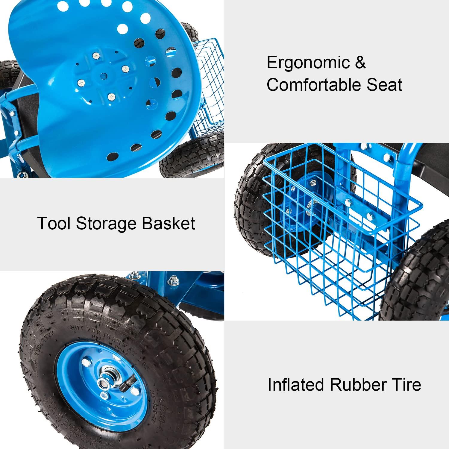 Rolling Garden Cart Scooter Stool - Garden Seat with Wheels Garden Cart with Seat, Adjustable Handle 360 Degree Swivel (Blue)