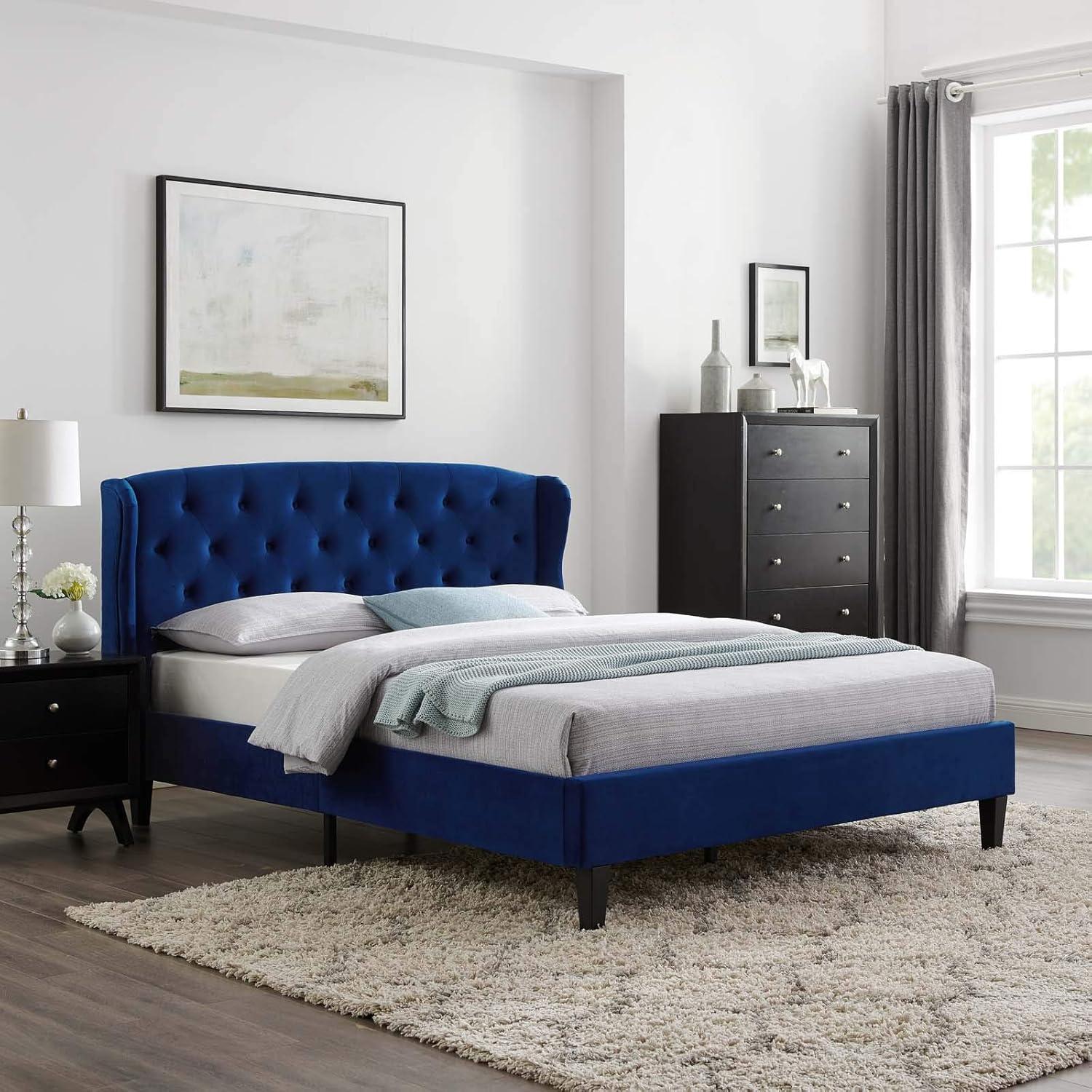 Navy Velvet Tufted Upholstered Queen Bed with Wood Frame