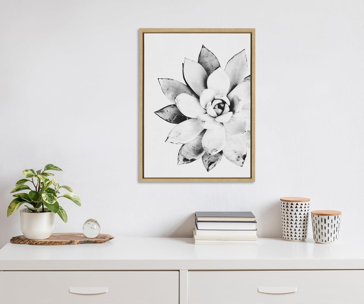 Modern Succulent Black and White Canvas Print with Natural Frame