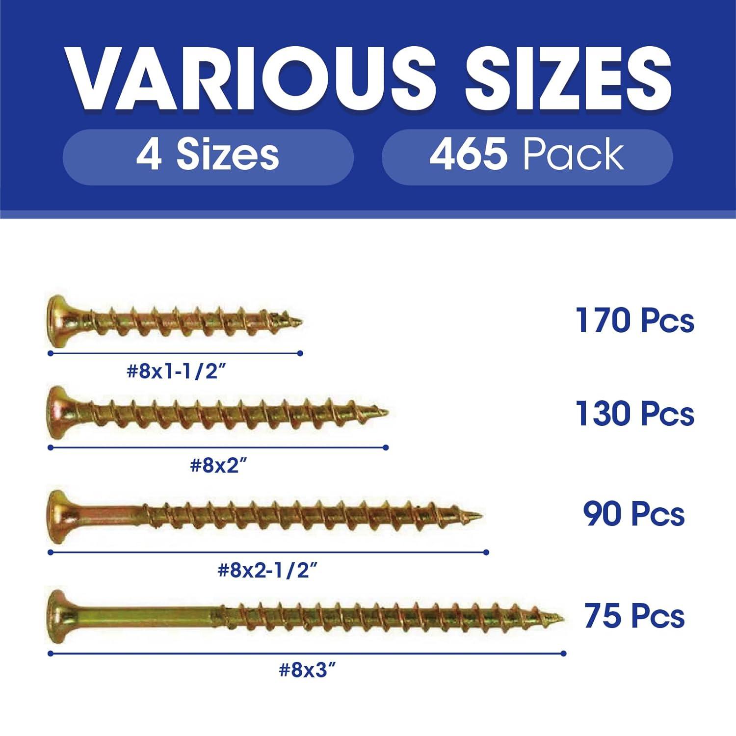 T.K.Excellent Wood Interior Construction Screw Coarse Thread Phillips Drive Bugle Head Yellow Zinc Drywall Screw Assortment Kit,465 Pieces