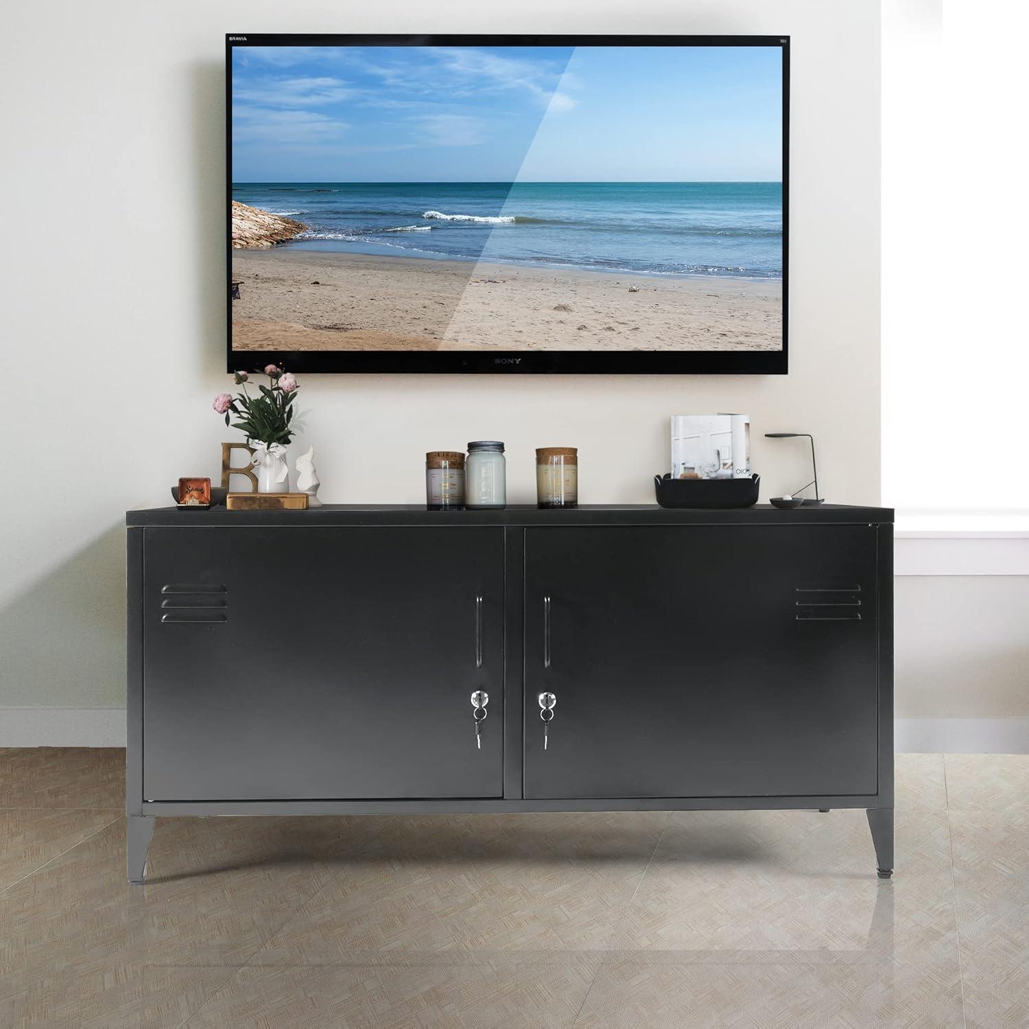 HOPUBUY Metal Storage Cabinet with Lock, Steel Locker Cabinet with Removable Shelves and 2 Locking Doors, Black Storage Cabinets for Home, Garage, Office, Bedroom