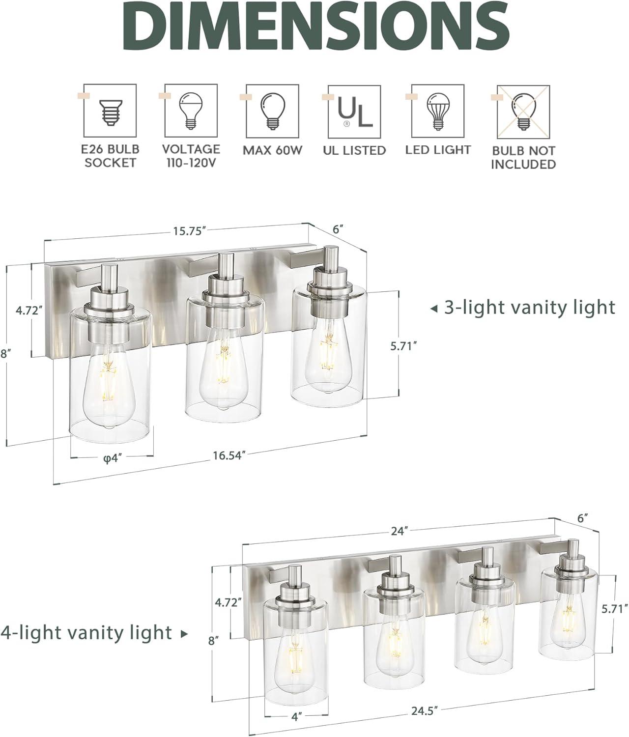 Brushed Nickel 4-Light Bathroom Vanity Fixture with Clear Glass Shades